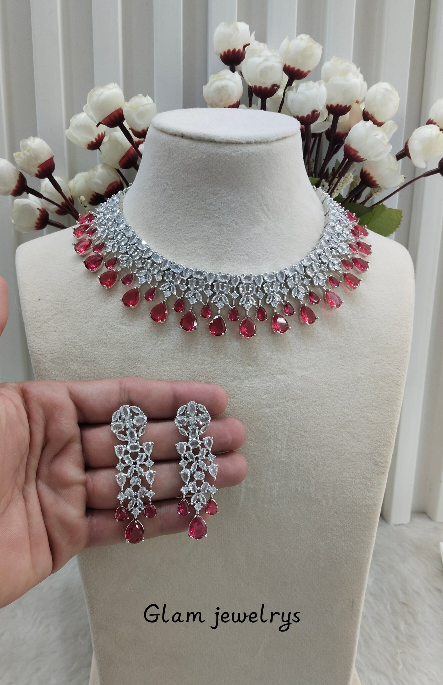 Ruby Silver CZ Necklace Indian Jewellery Dilshan Set
