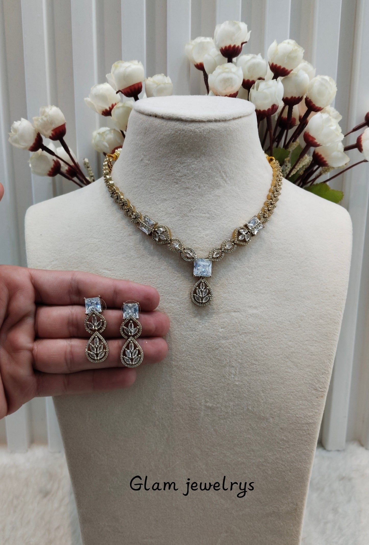 White Antique Gold CZ Necklace Indian Jewellery Peterson Set
