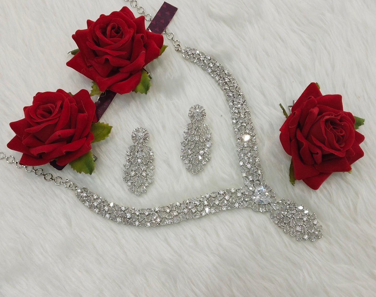 White Silver CZ Necklace Indian Jewellery Lasit Set