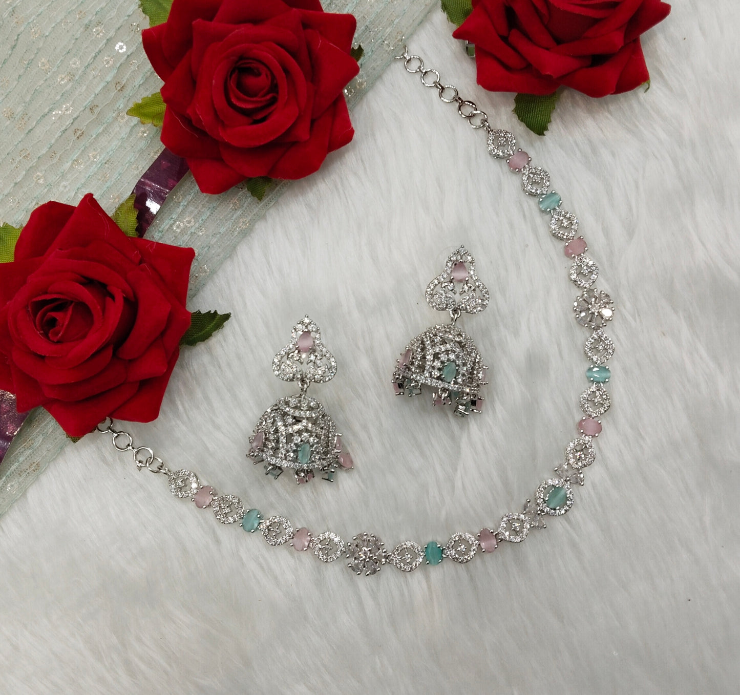 Mint Pink Silver CZ Necklace Indian Jewellery Jaysurya Set