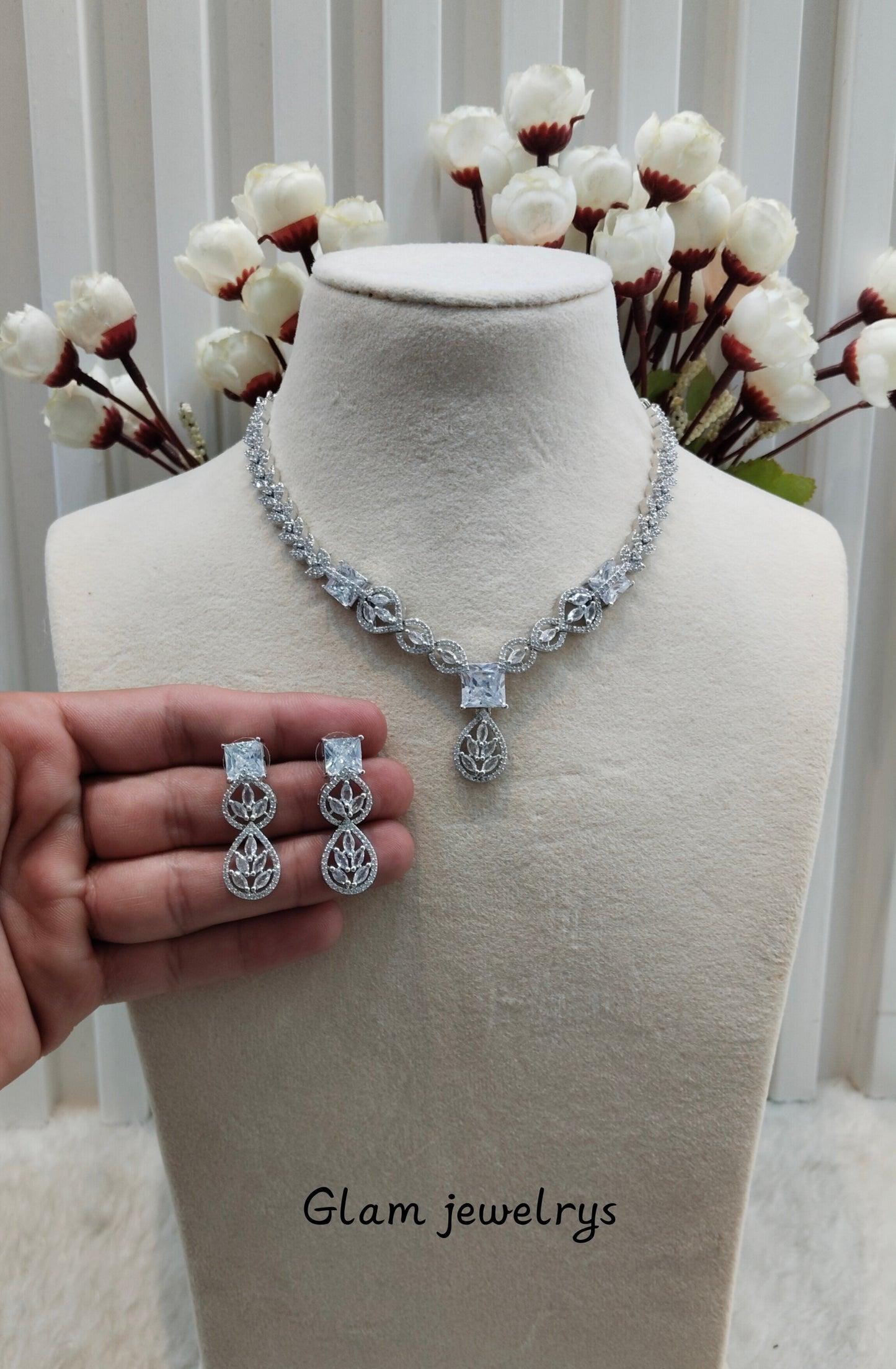 White Silver CZ Necklace Indian Jewellery Peterson Set