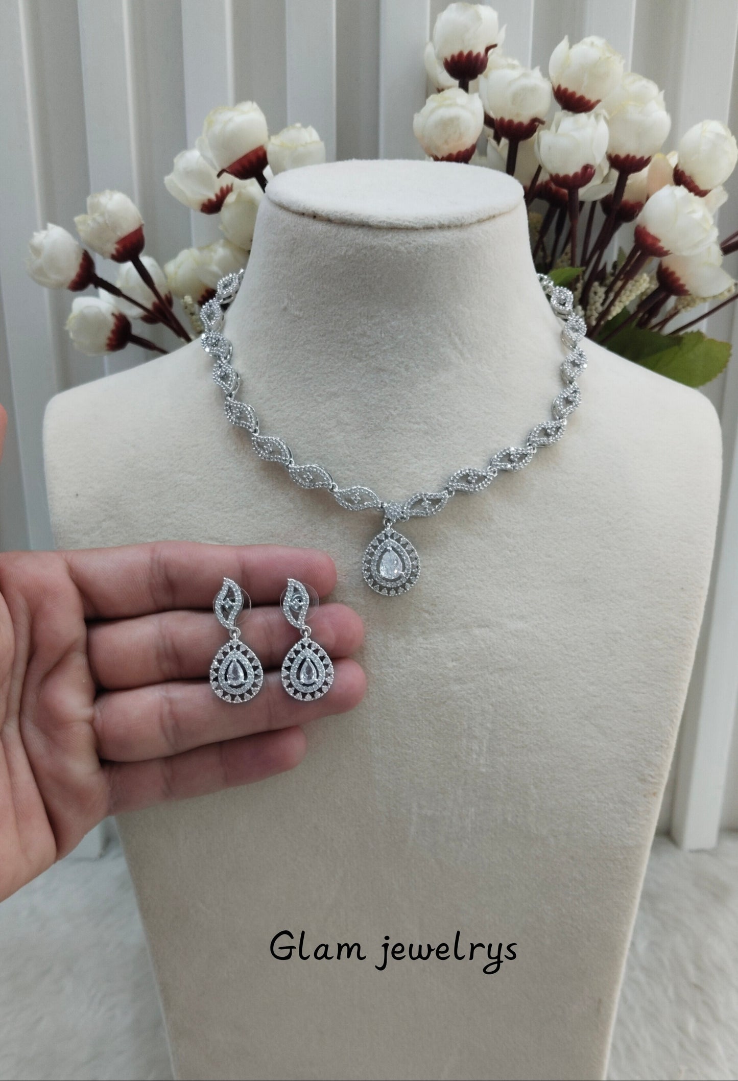 White Silver CZ Necklace Indian Jewellery Malinga Set