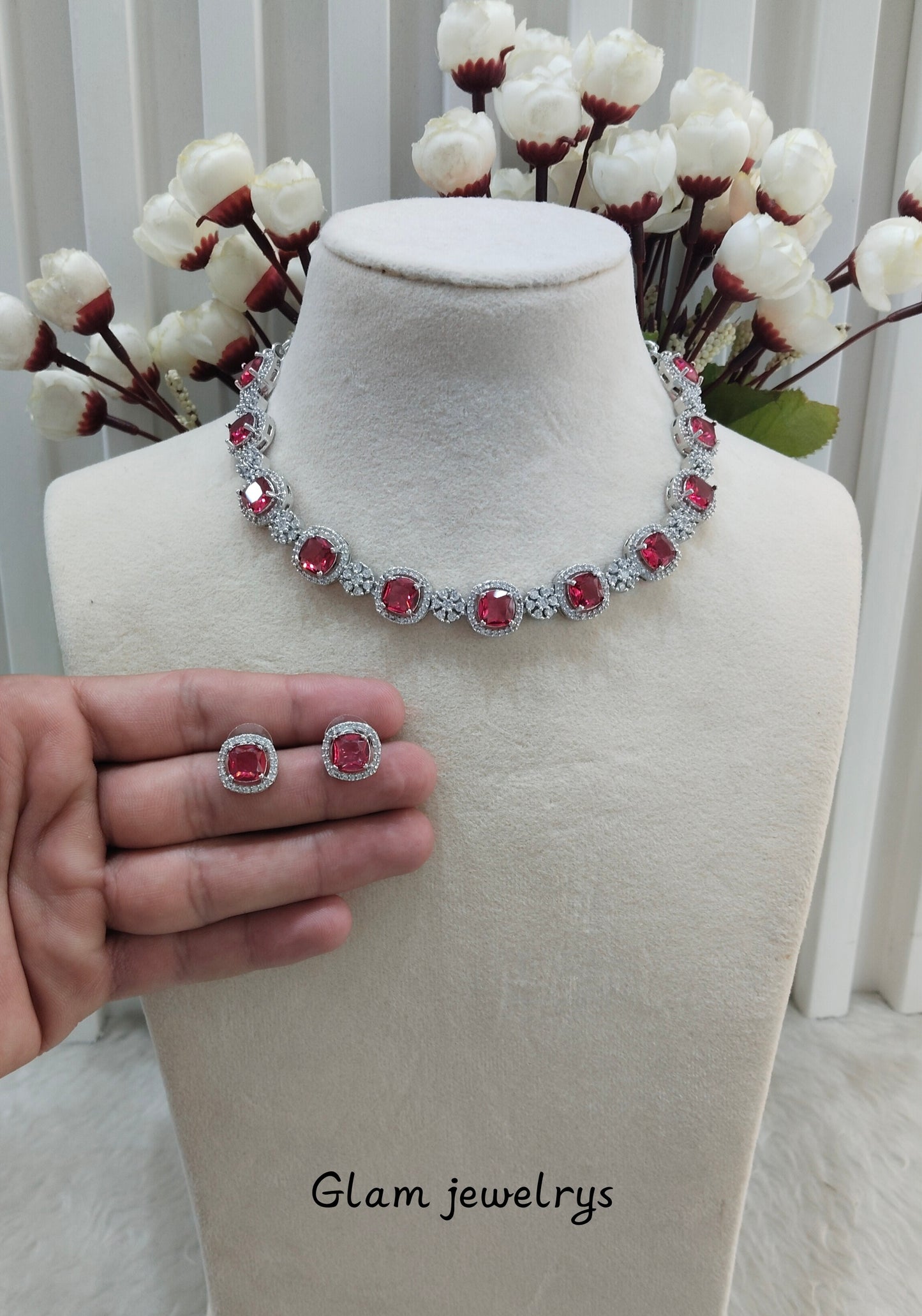 Ruby Silver CZ Necklace Indian Jewellery Kavin Set