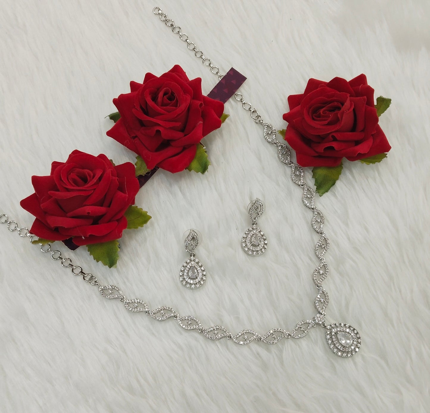 White Silver CZ Necklace Indian Jewellery Malinga Set