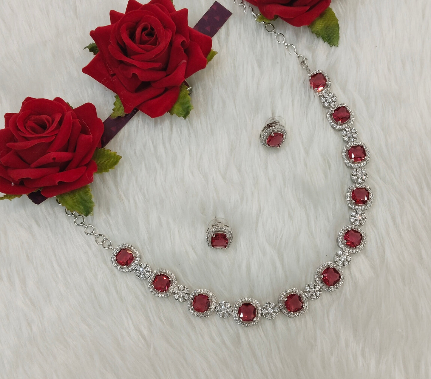 Ruby Silver CZ Necklace Indian Jewellery Kavin Set