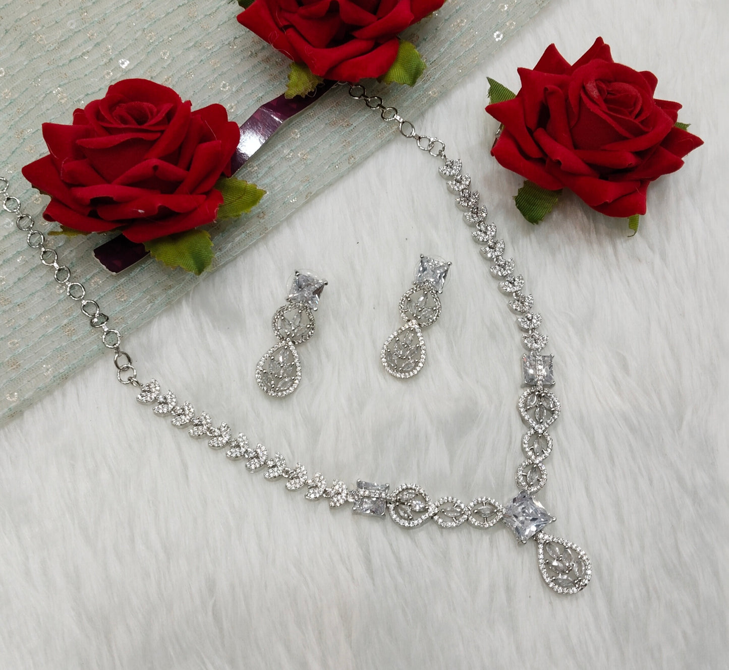 White Silver CZ Necklace Indian Jewellery Peterson Set