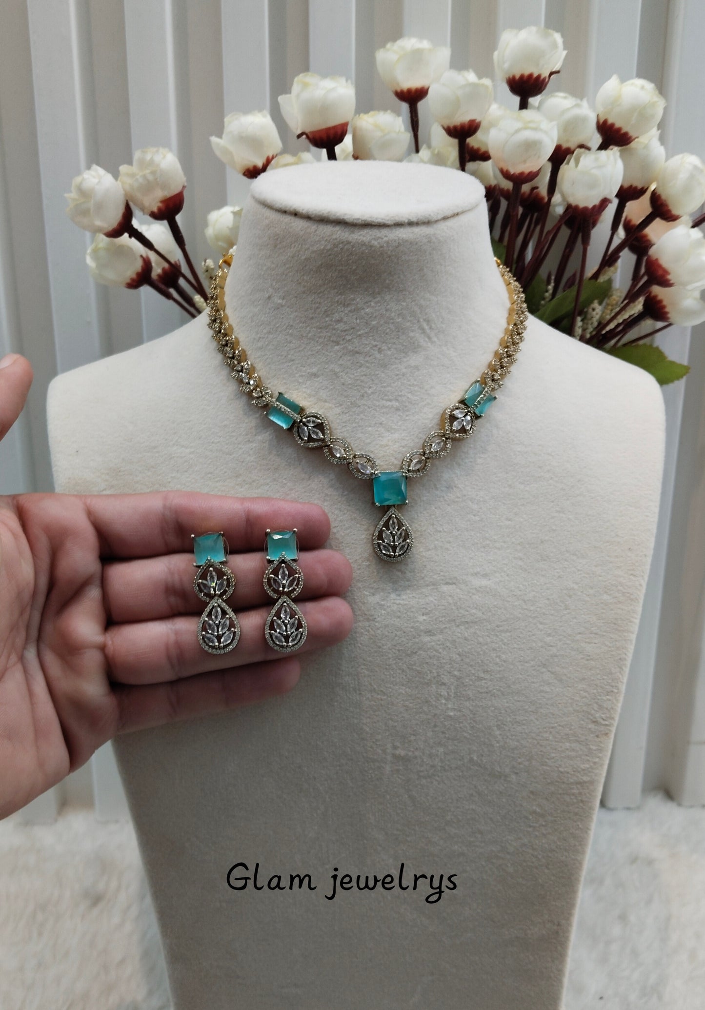 Sea Green Antique Gold CZ Necklace Indian Jewellery Peterson Set