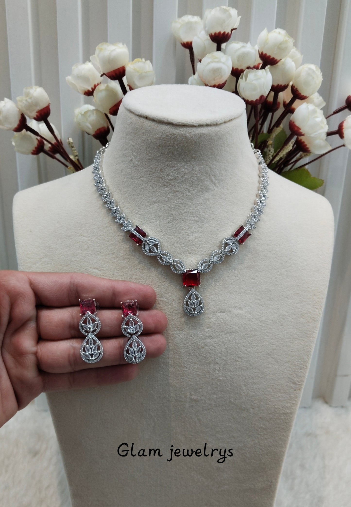 Ruby Silver CZ Necklace Indian Jewellery Peterson Set