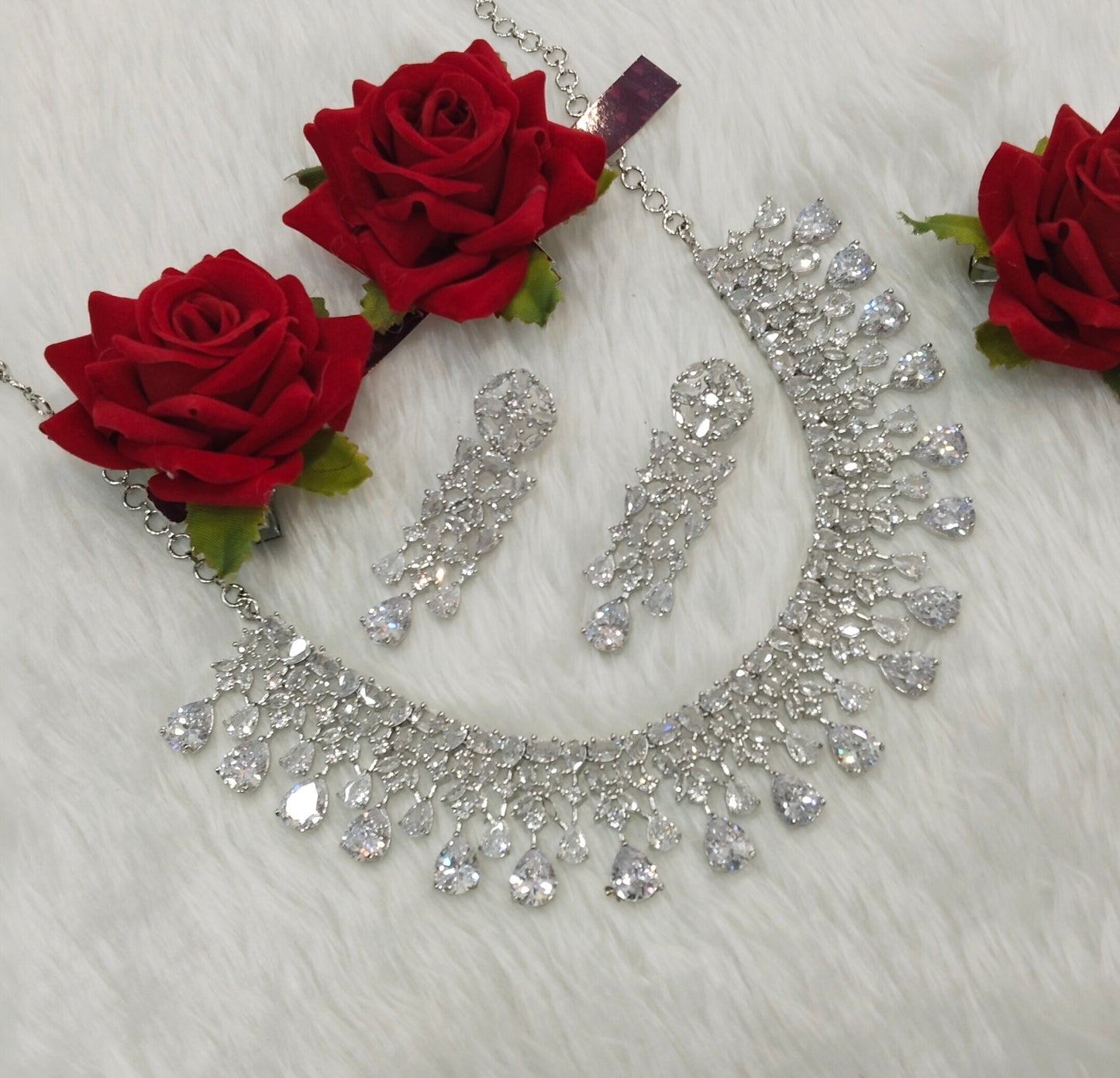 White Silver CZ Necklace Indian Jewellery Dilshan Set