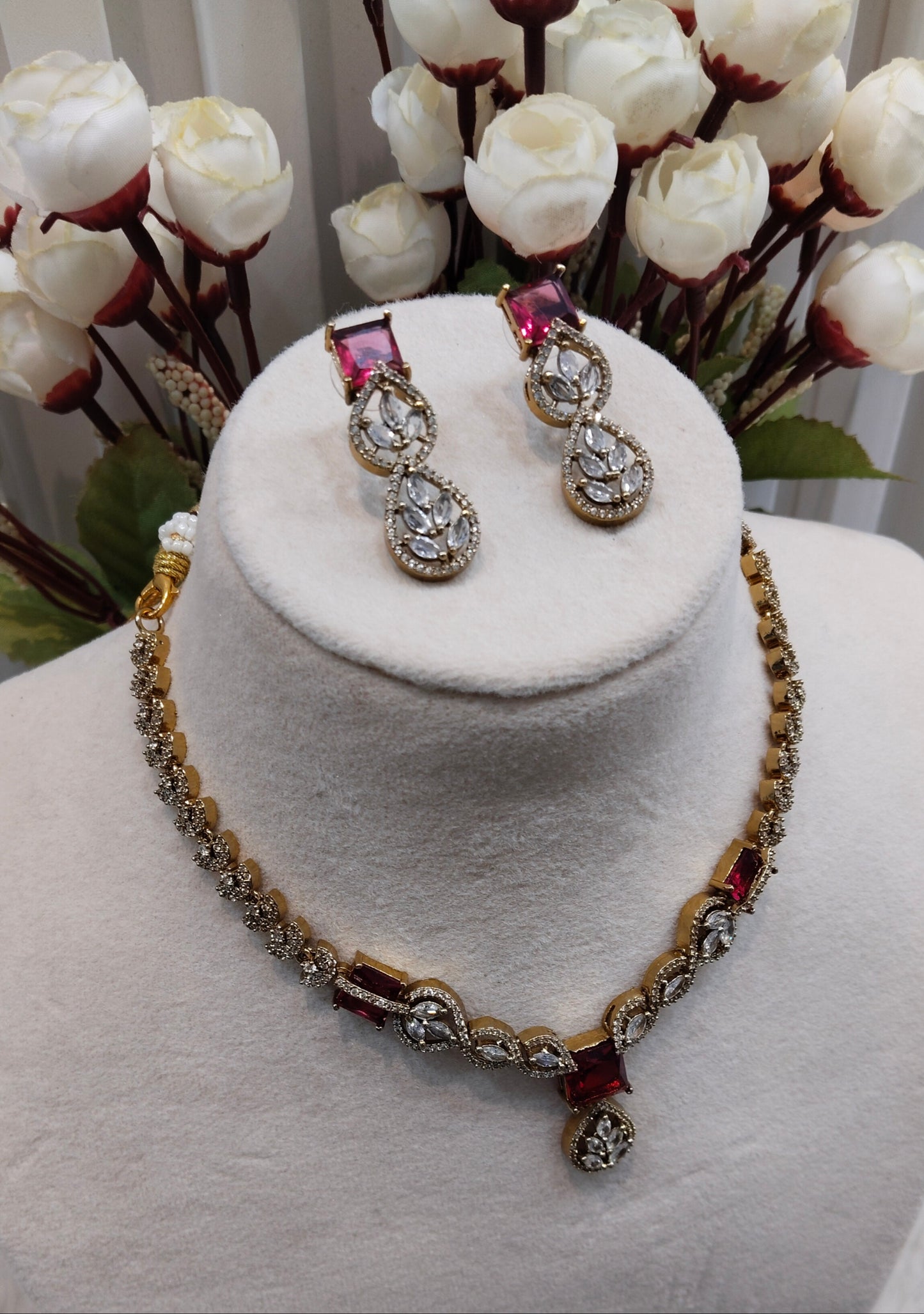 Ruby Antique Gold CZ Necklace Indian Jewellery Peterson Set