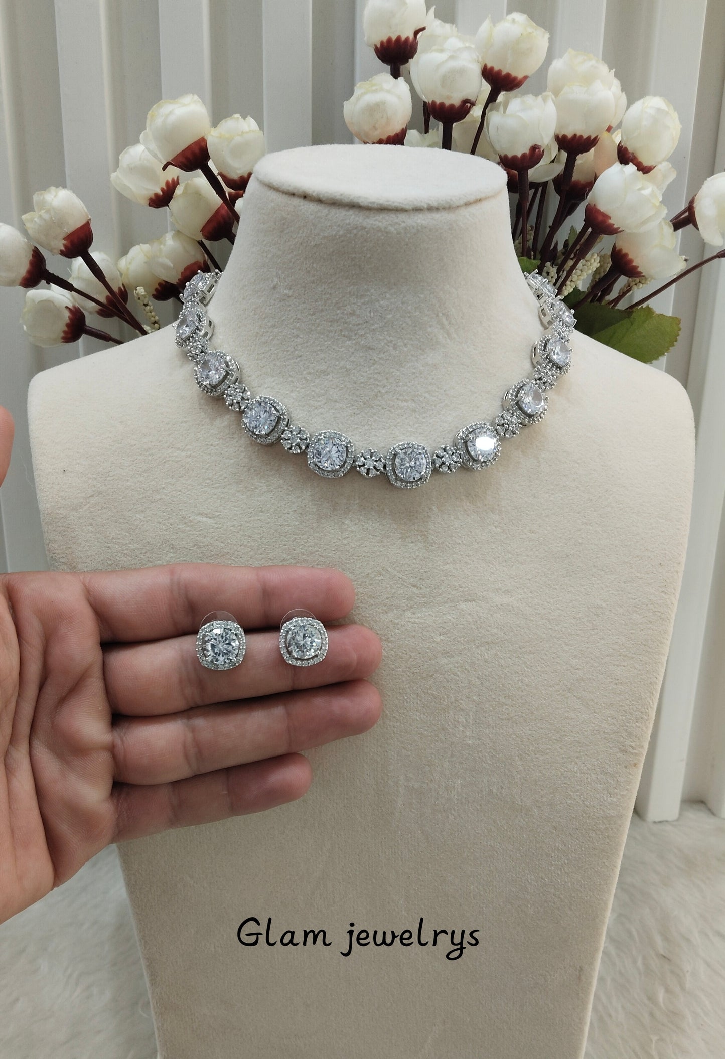 White Silver CZ Necklace Indian Jewellery Kavin Set