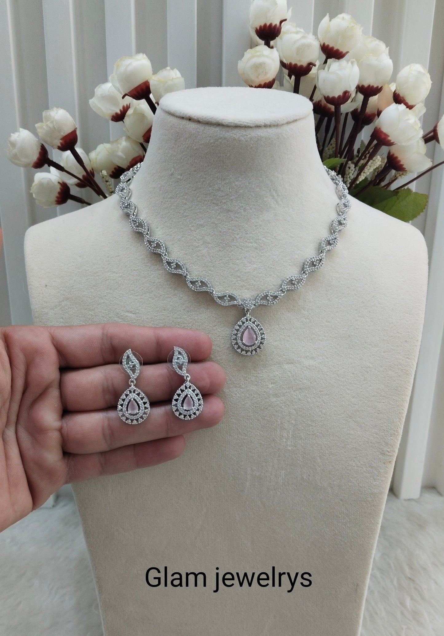 Pink Silver CZ Necklace Indian Jewellery Malinga Set
