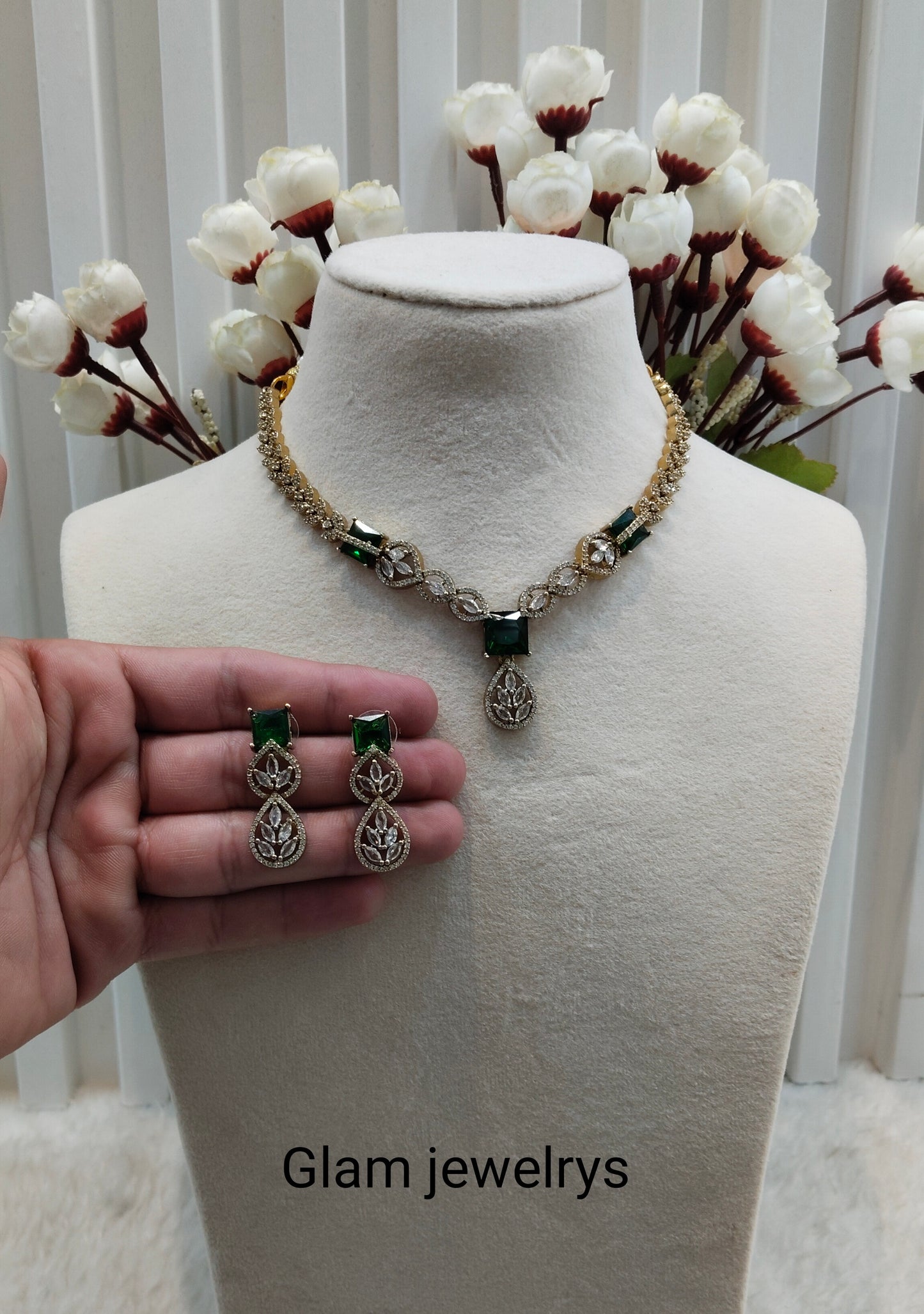 Green Antique Gold CZ Necklace Indian Jewellery Peterson Set
