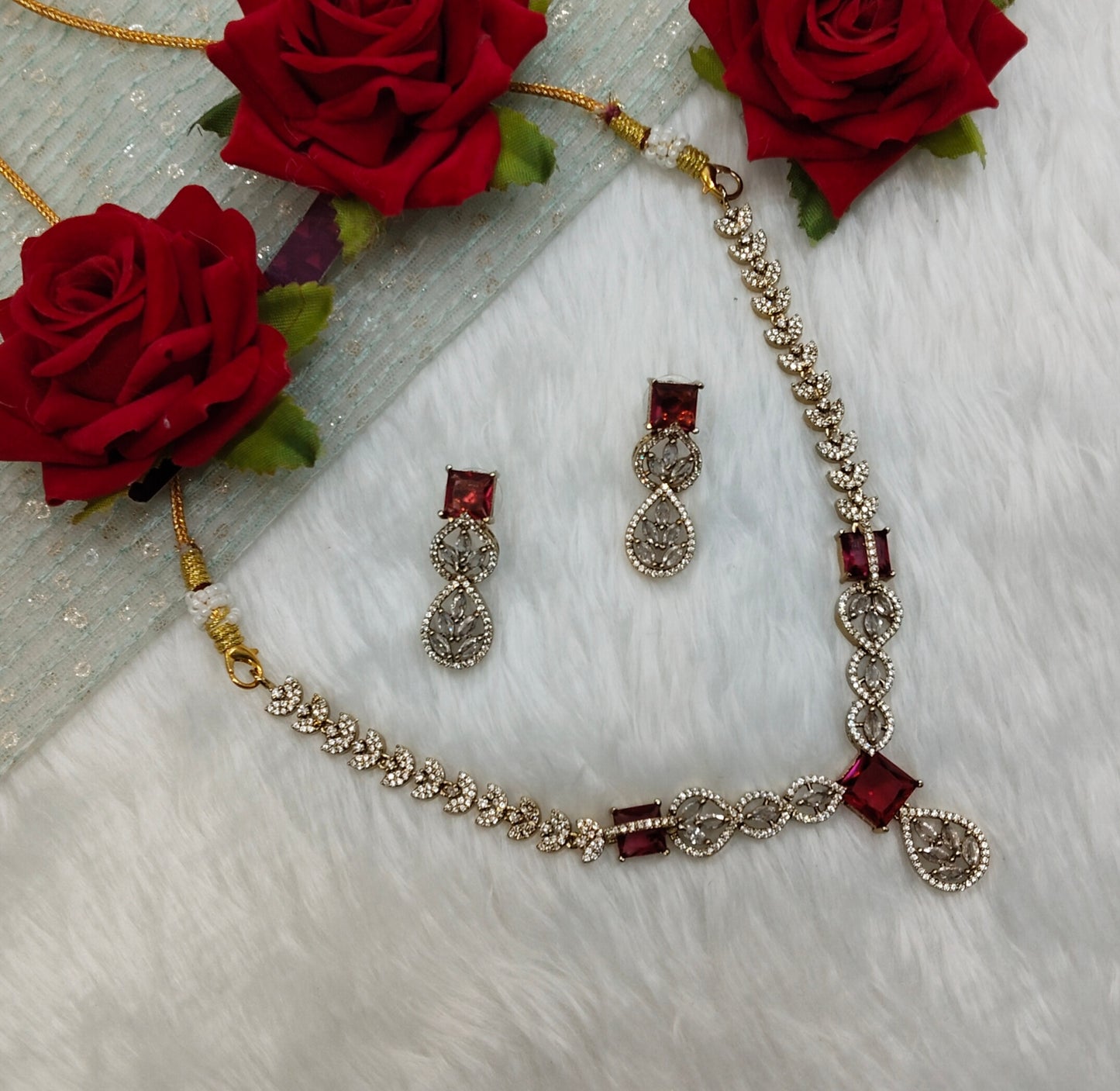 Ruby Antique Gold CZ Necklace Indian Jewellery Peterson Set