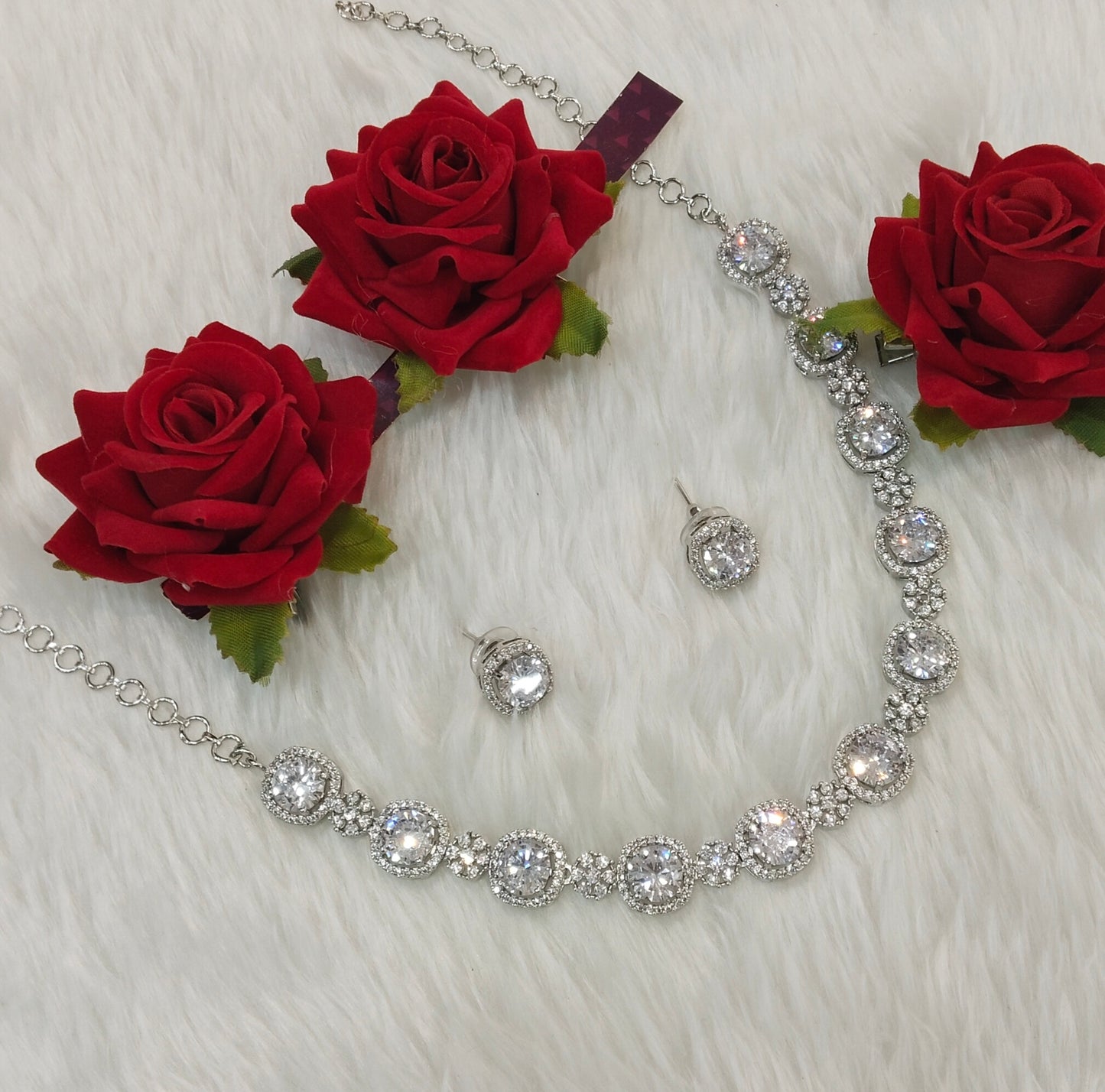 White Silver CZ Necklace Indian Jewellery Kavin Set