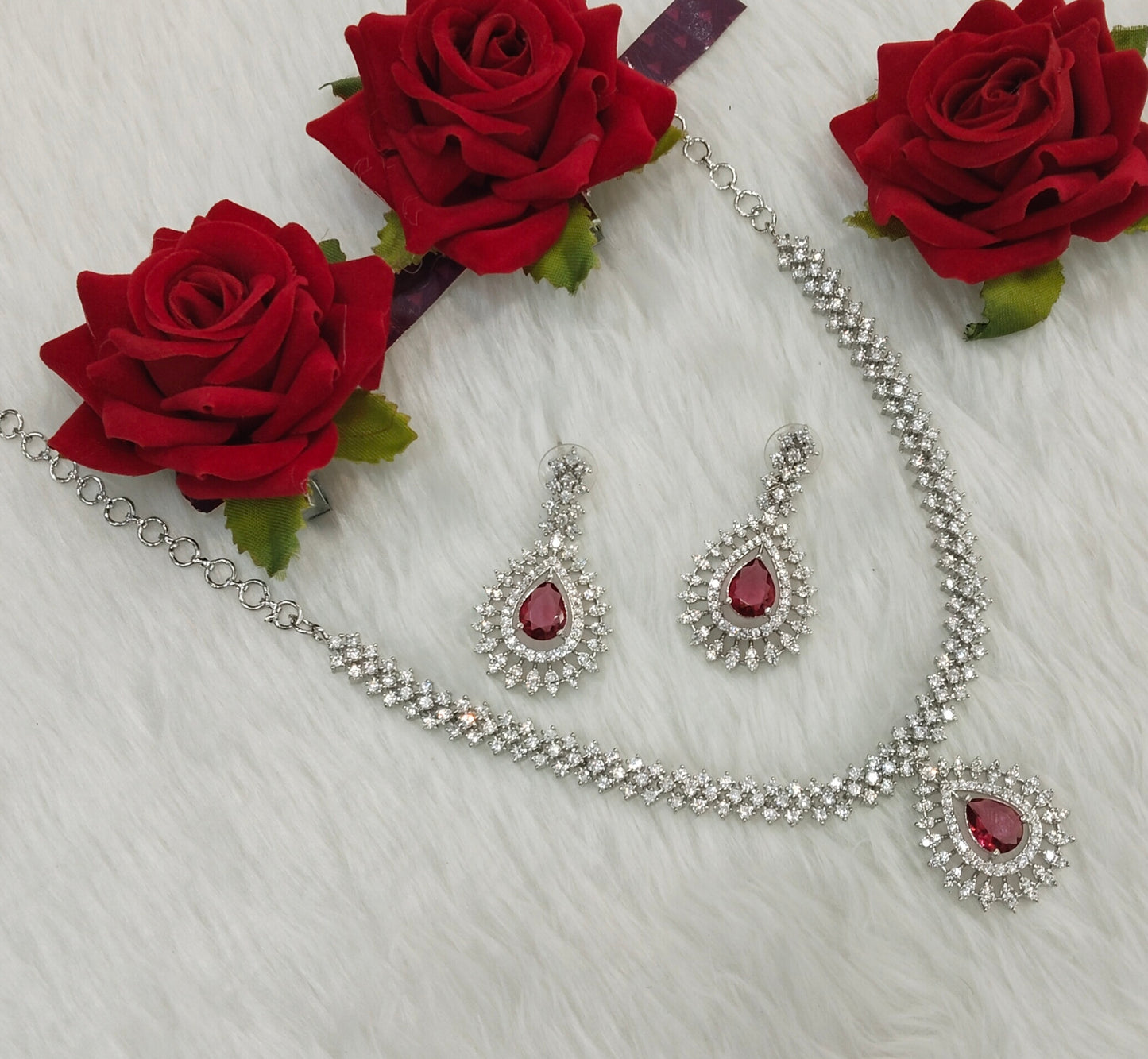 Ruby Silver CZ Necklace Indian Jewellery Polard Set