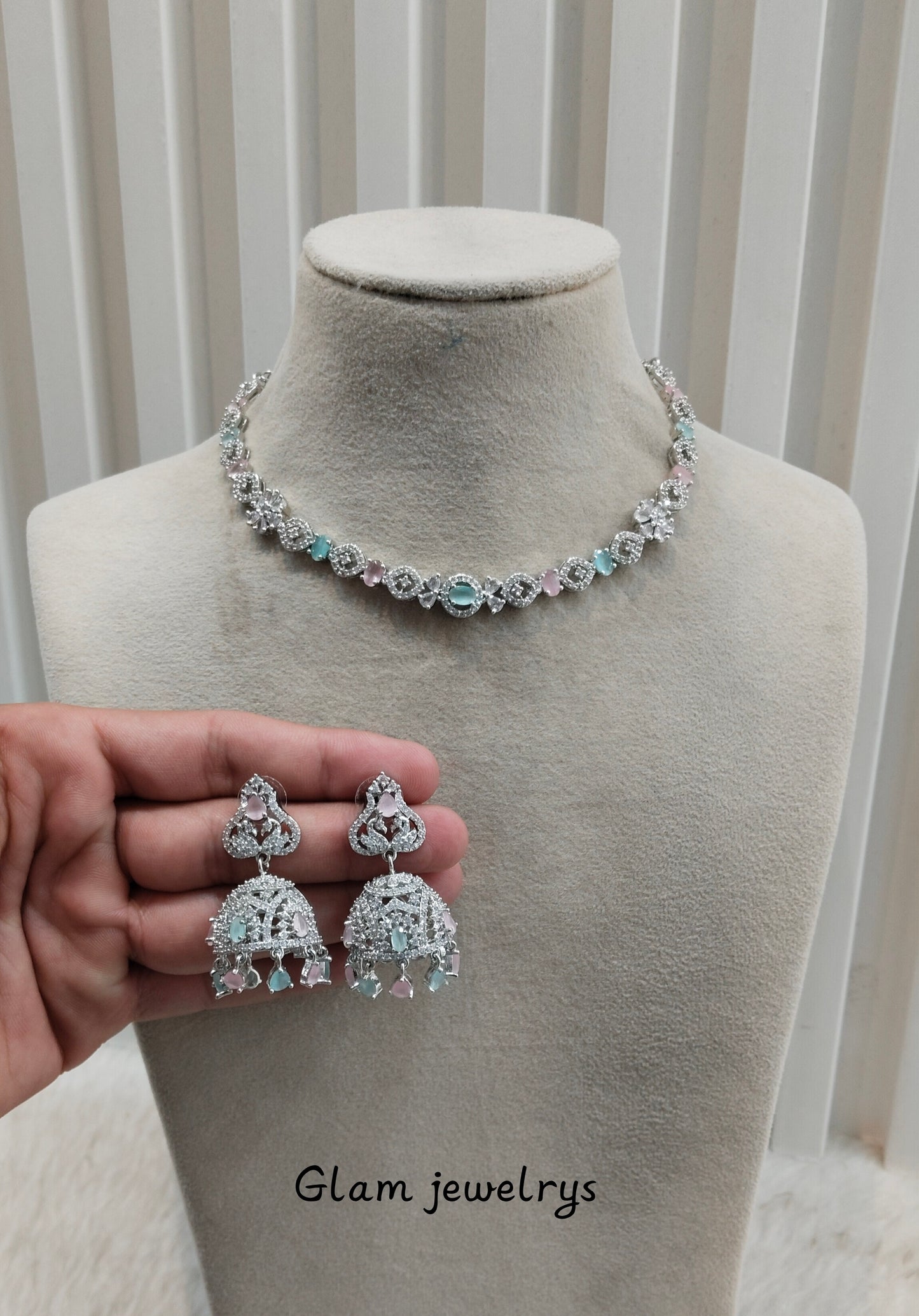 Mint Pink Silver CZ Necklace Indian Jewellery Jaysurya Set