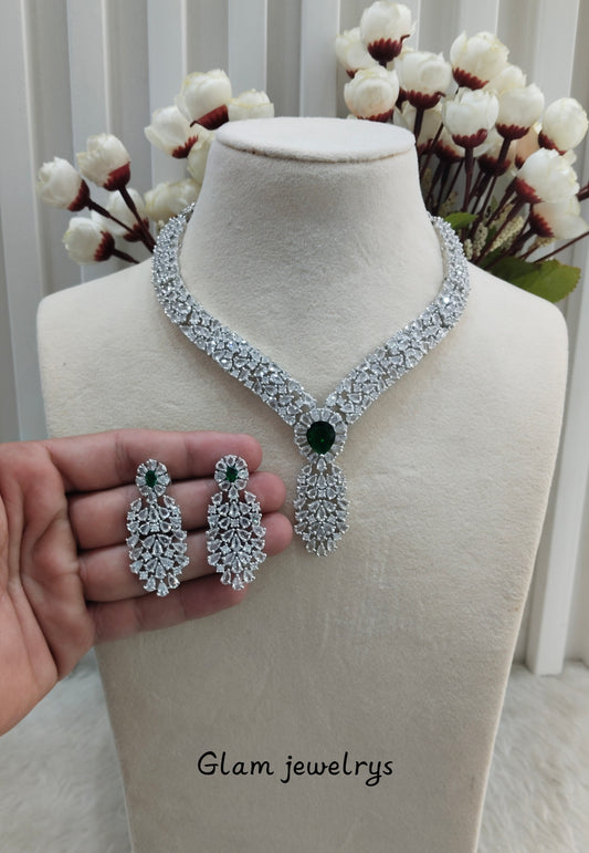 Green Silver CZ Necklace Indian Jewellery Lasit Set