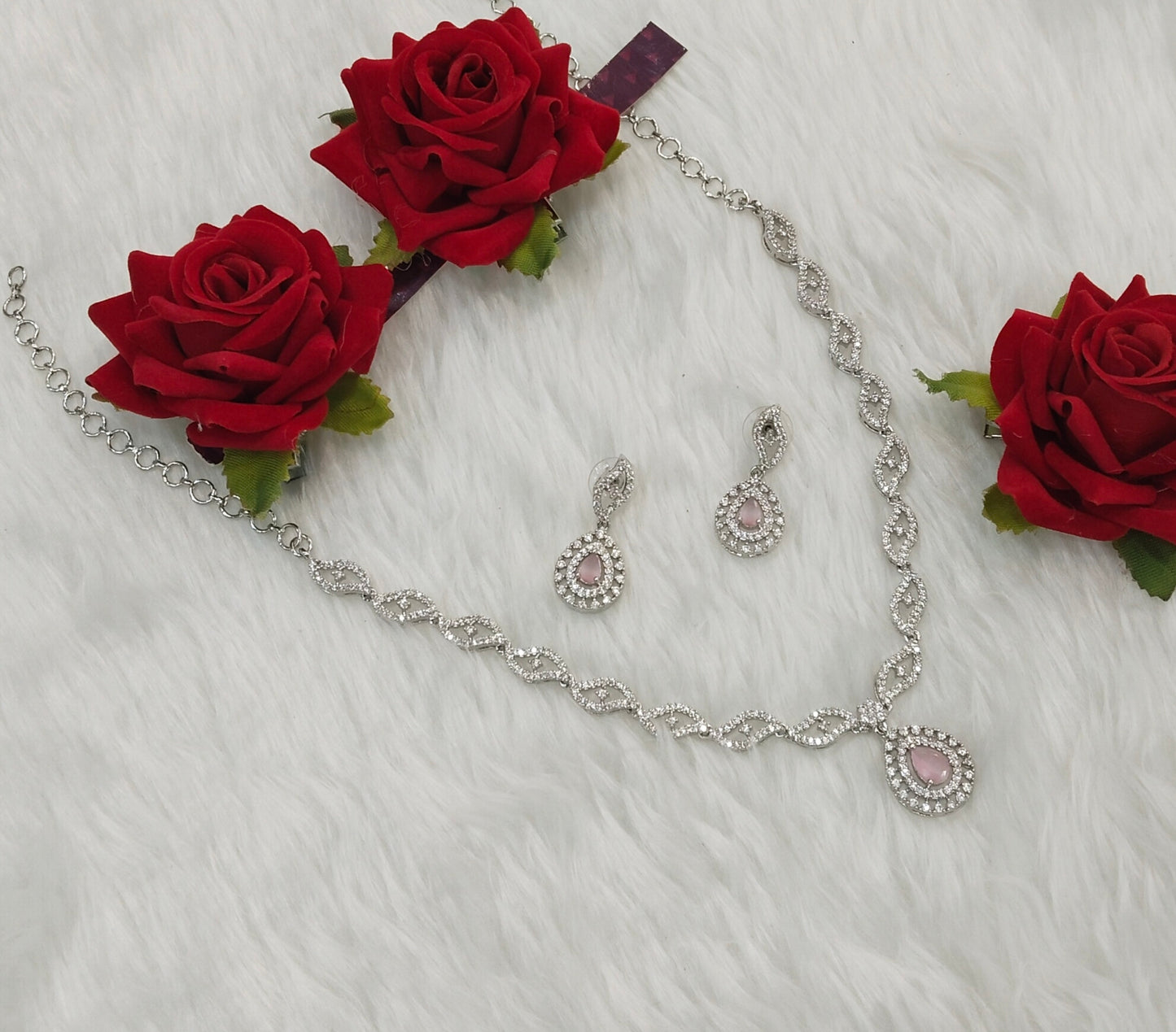 Pink Silver CZ Necklace Indian Jewellery Malinga Set