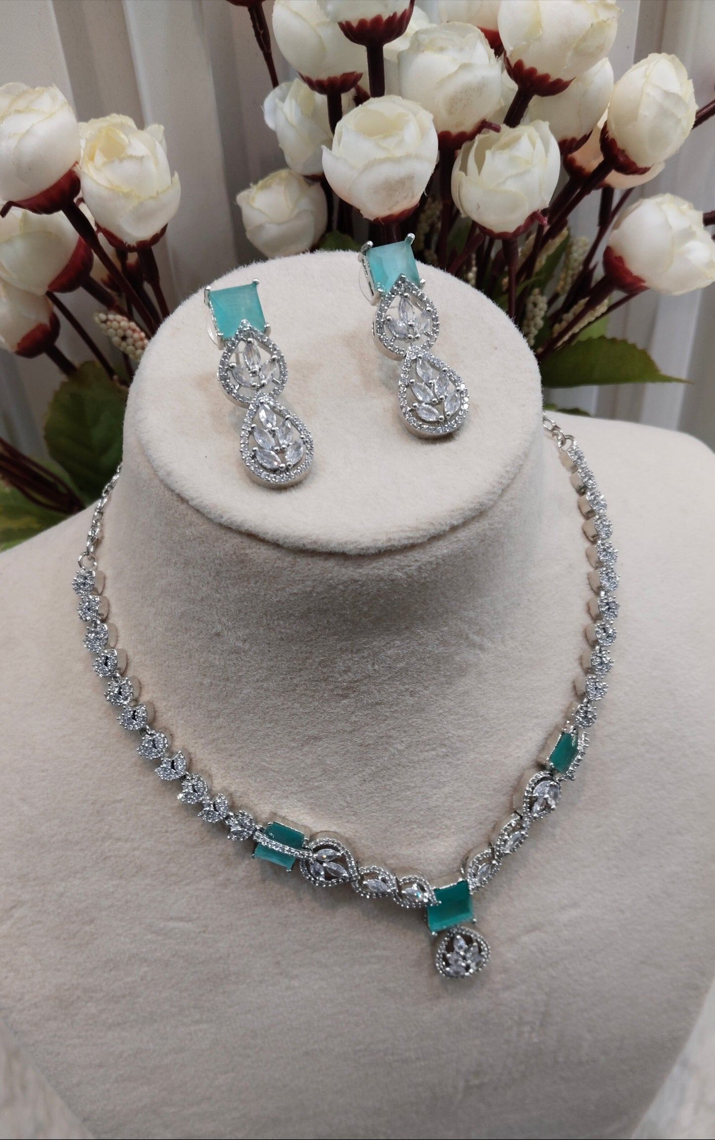 Sea Green Silver CZ Necklace Indian Jewellery Peterson Set
