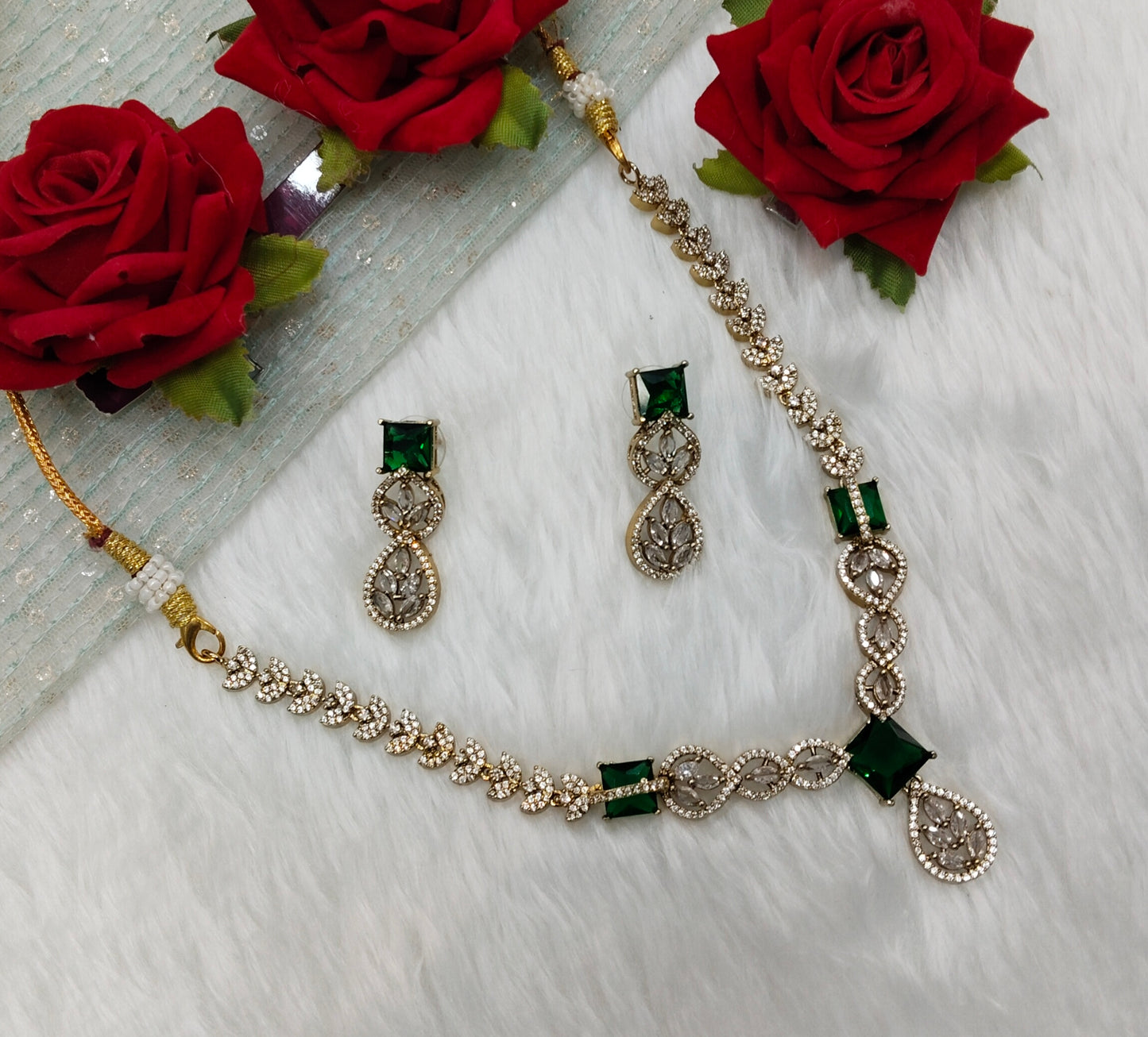 Green Antique Gold CZ Necklace Indian Jewellery Peterson Set