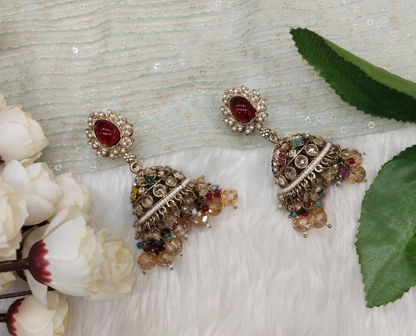 Multi Color Antique Gold Jhumki Bollywood Ghatak Indian Earrings