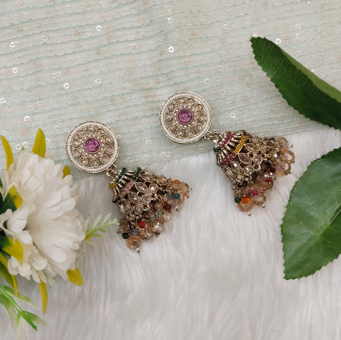 Multi Color Antique Gold Jhumki Bollywood Ghatak Indian Earrings