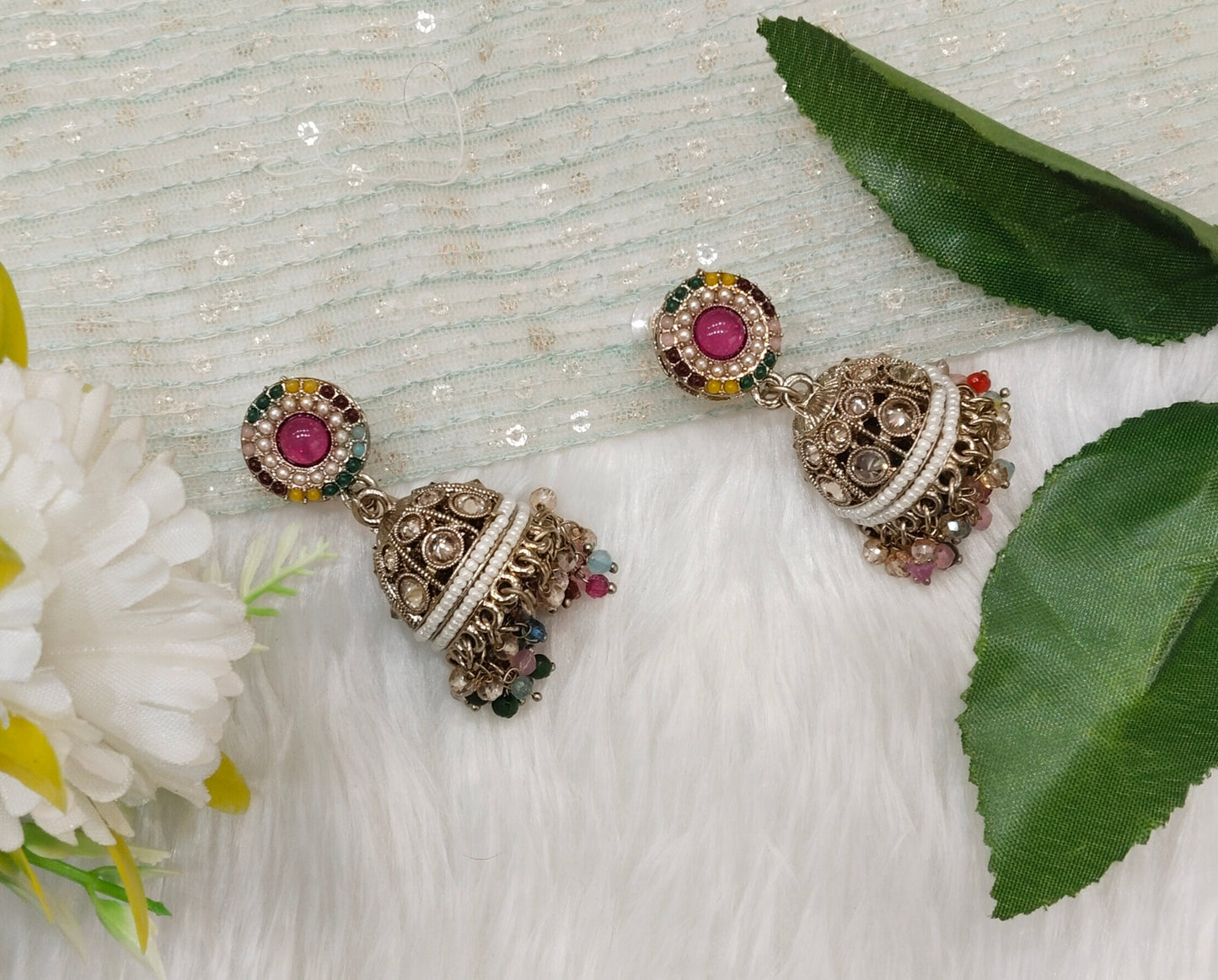 Multi Color Antique Gold Jhumki Bollywood Ghatak Indian Earrings