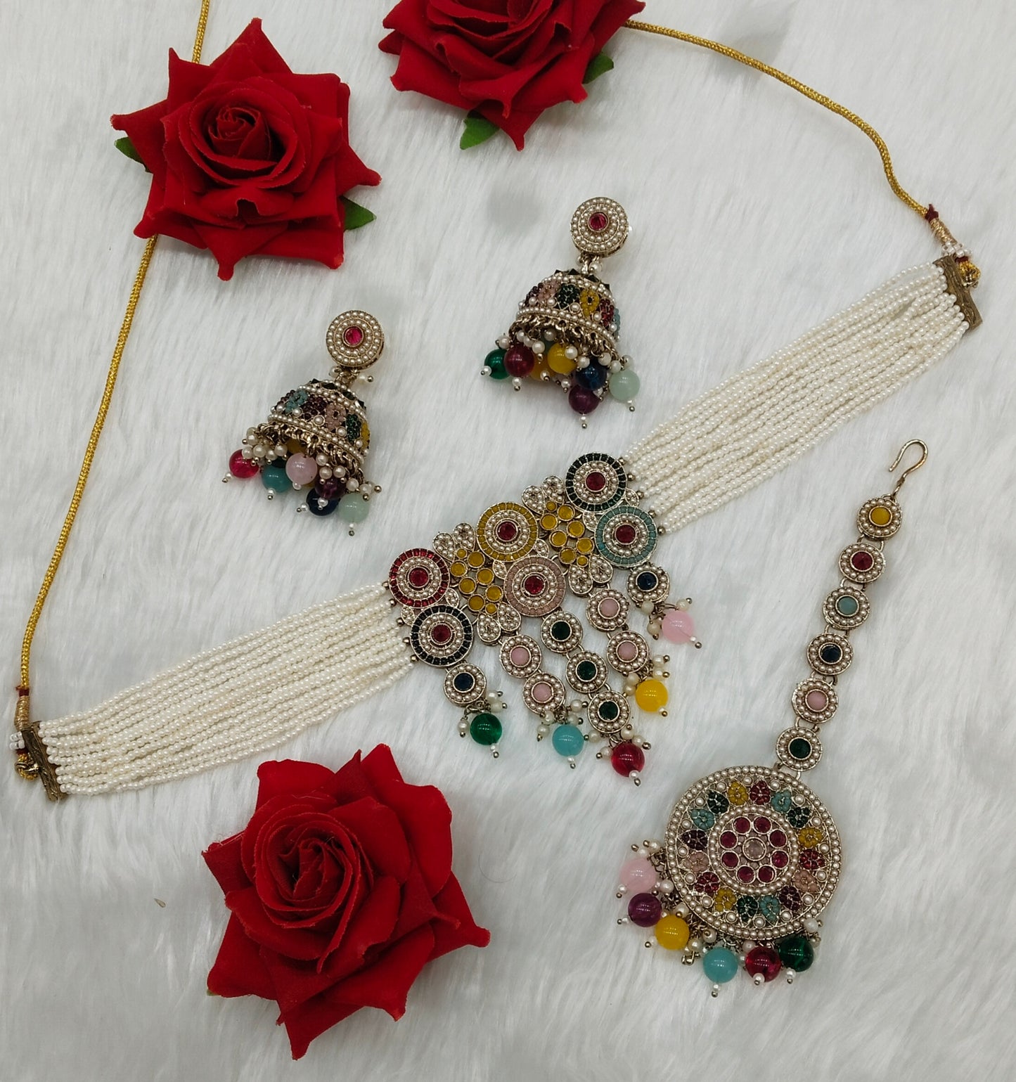 Multi Color Antique Gold Choker Indian Jewellery Babli Set