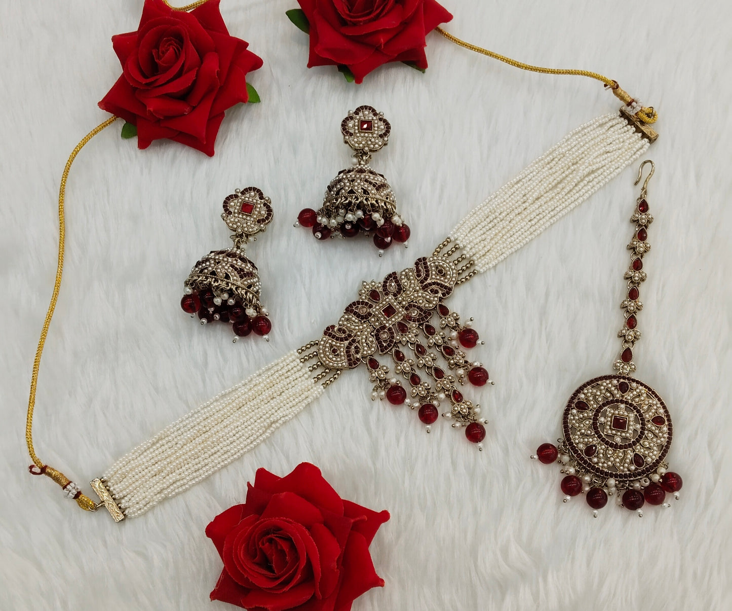 Maroon Antique Gold Choker Indian Jewellery Bablu Set