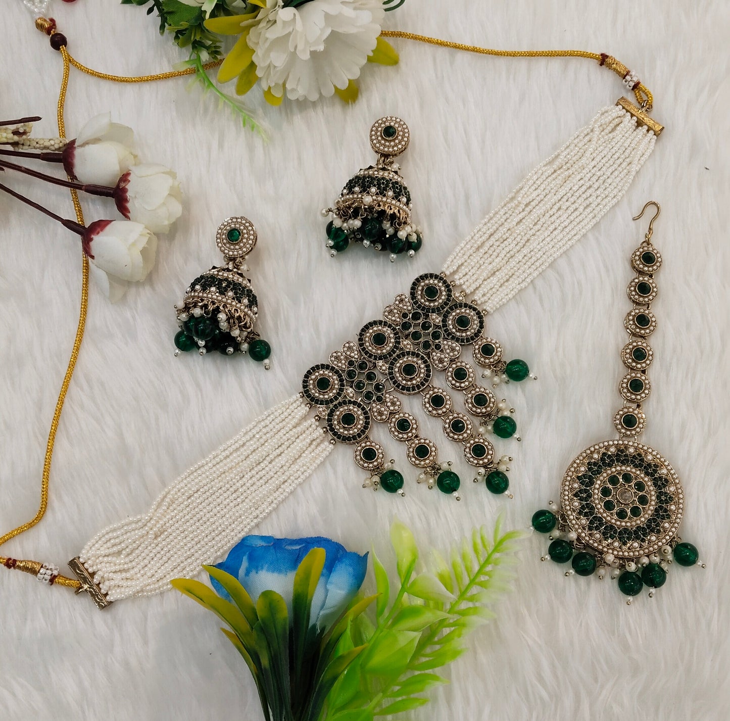 Green Antique Gold Choker Indian Jewellery Babli Set