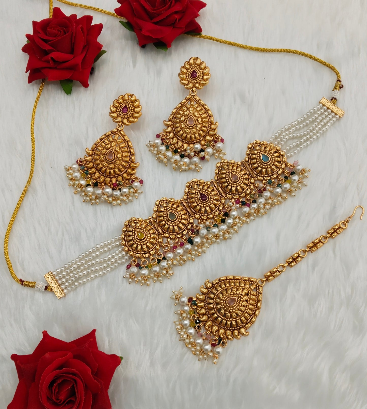 Multi Color Gold Polki Punjabi choker Indian Jeewellery Birpal set