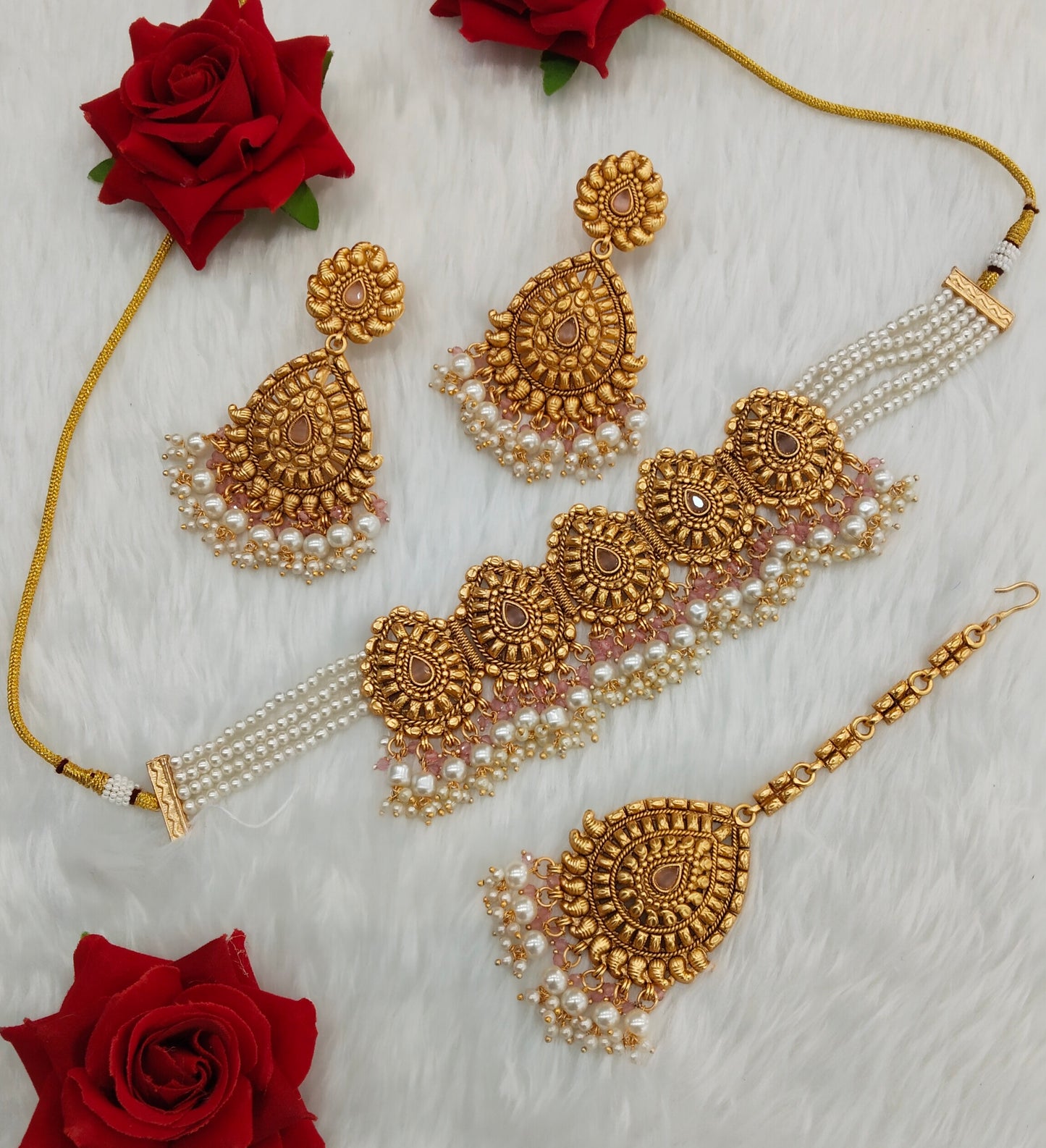 Pink Gold Polki Punjabi choker Indian Jeewellery Birpal set
