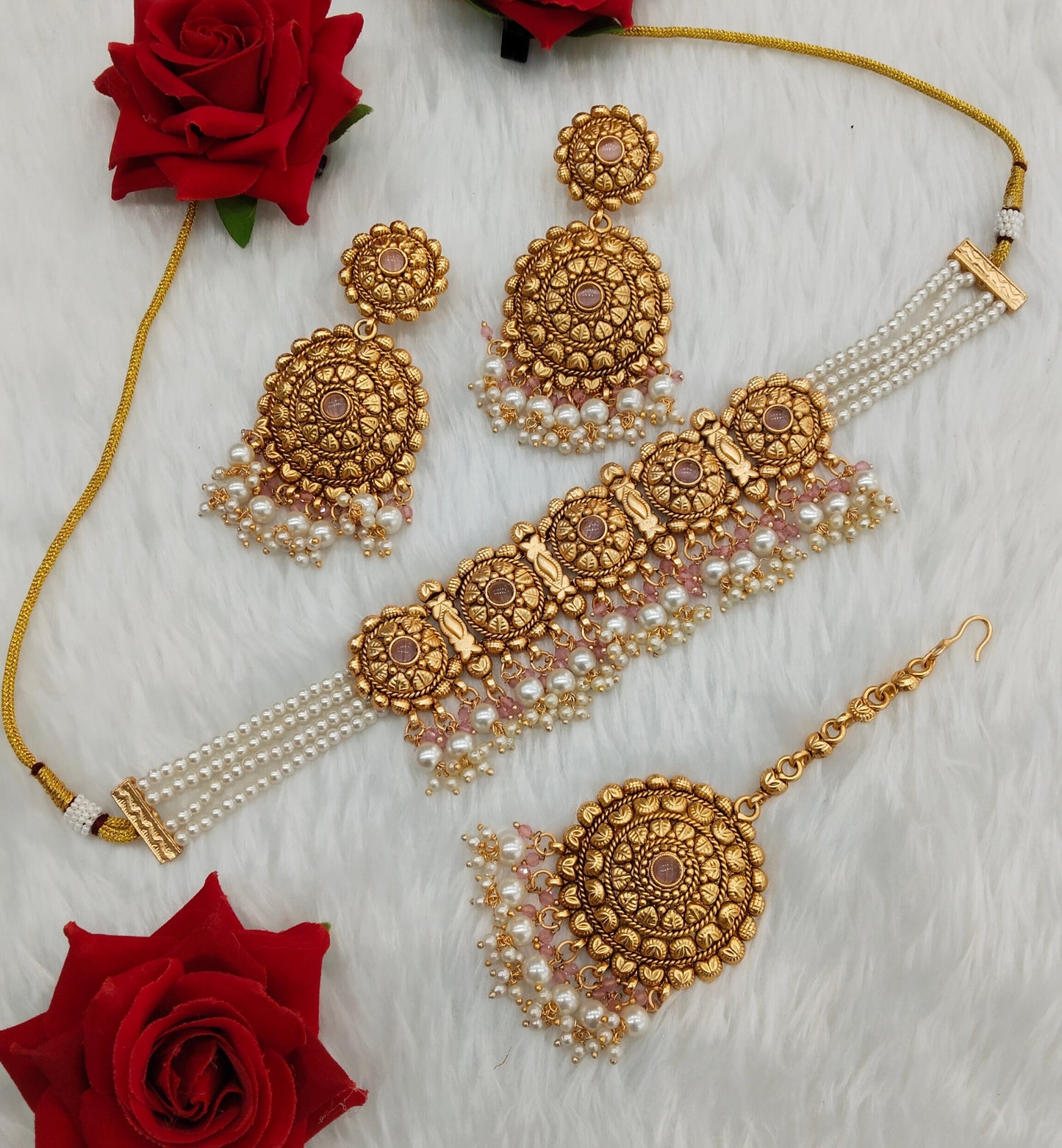 Pink Gold Polki Punjabi choker Indian Jeewellery Birpal set