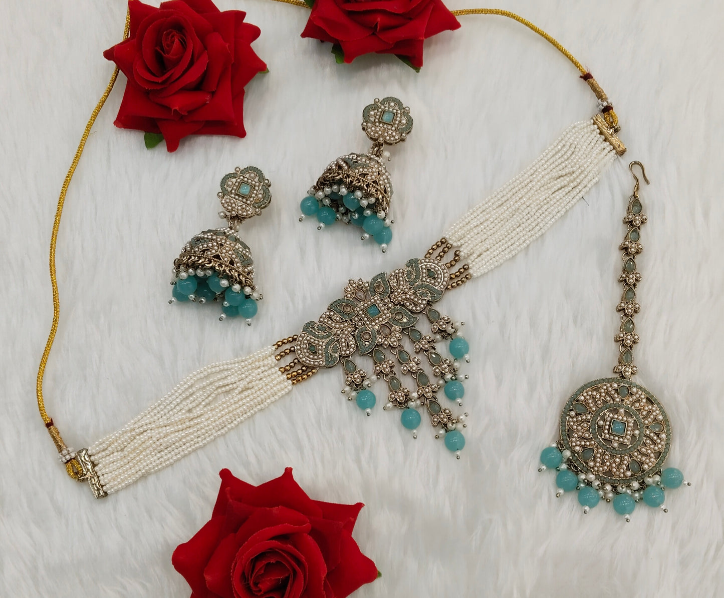 Sky Blue Antique Gold Choker Indian Jewellery Bablu Set