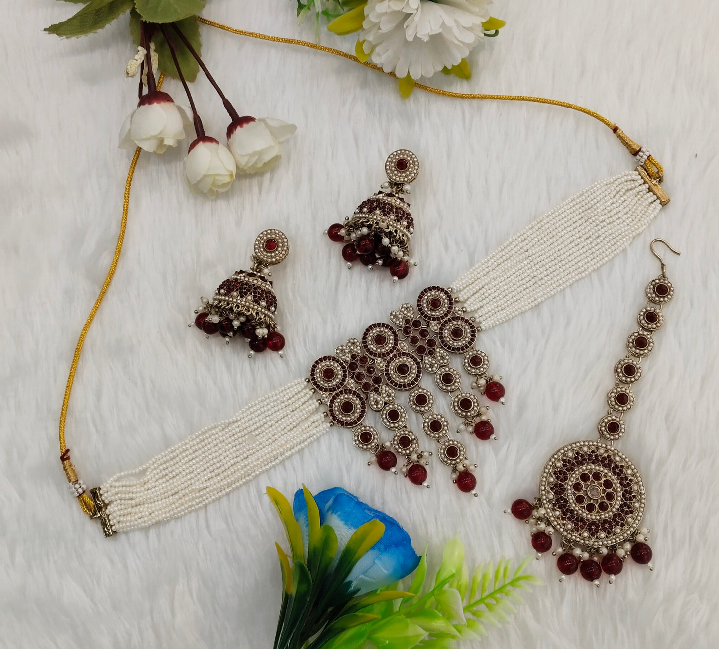 Maroon Antique Gold Choker Indian Jewellery Babli Set