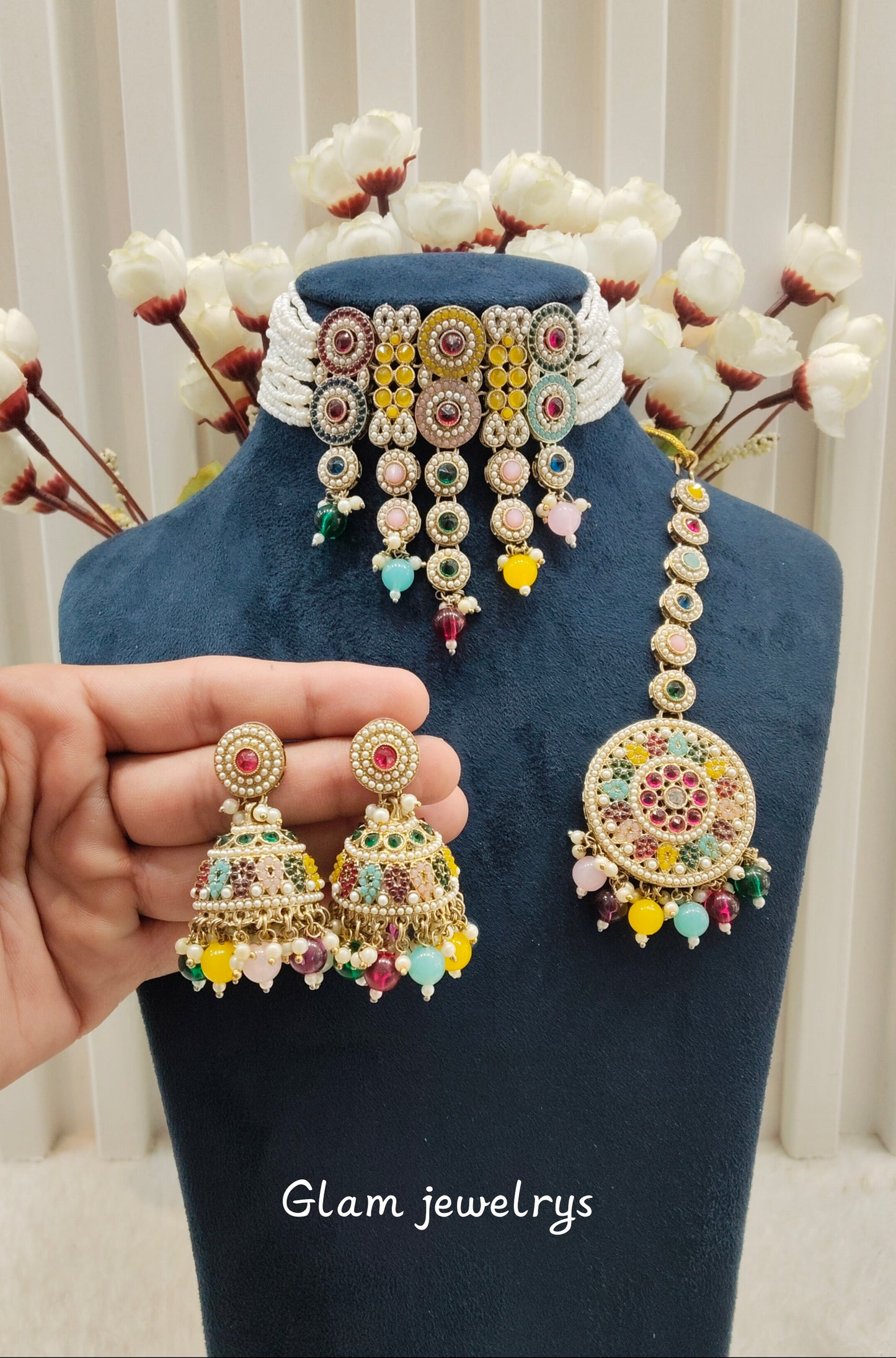 Multi Color Antique Gold Choker Indian Jewellery Babli Set