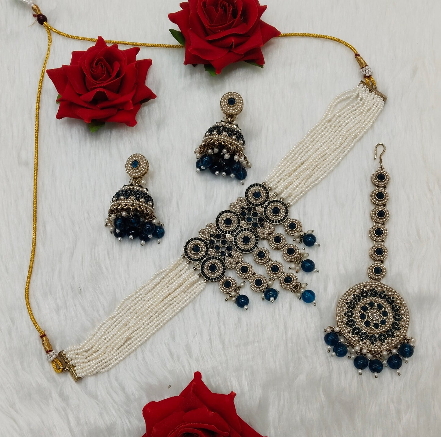 Nevy Blue Antique Gold Choker Indian Jewellery Babli Set