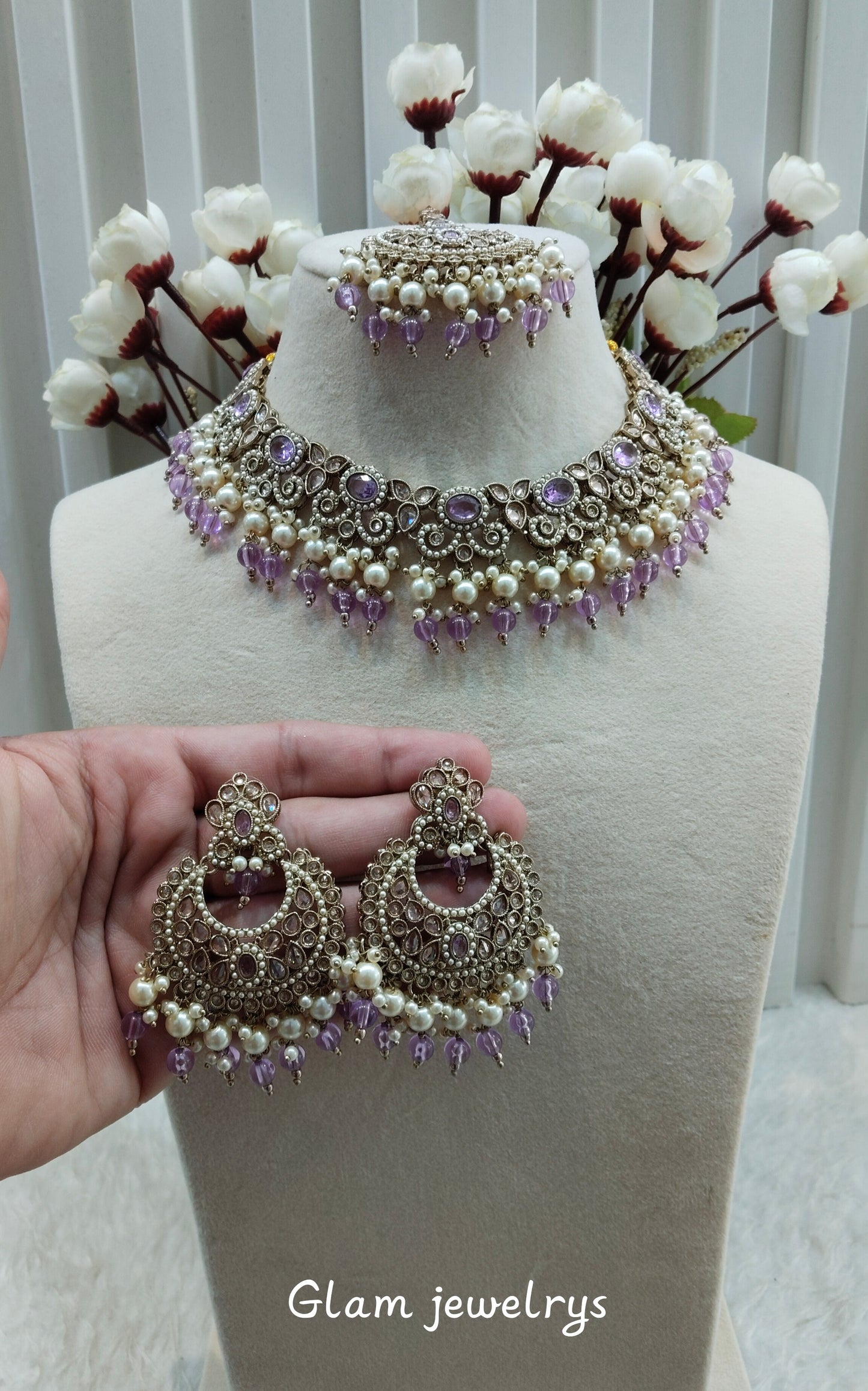 Lavender Antique Gold Necklace Indian Jewellery Mangu Set