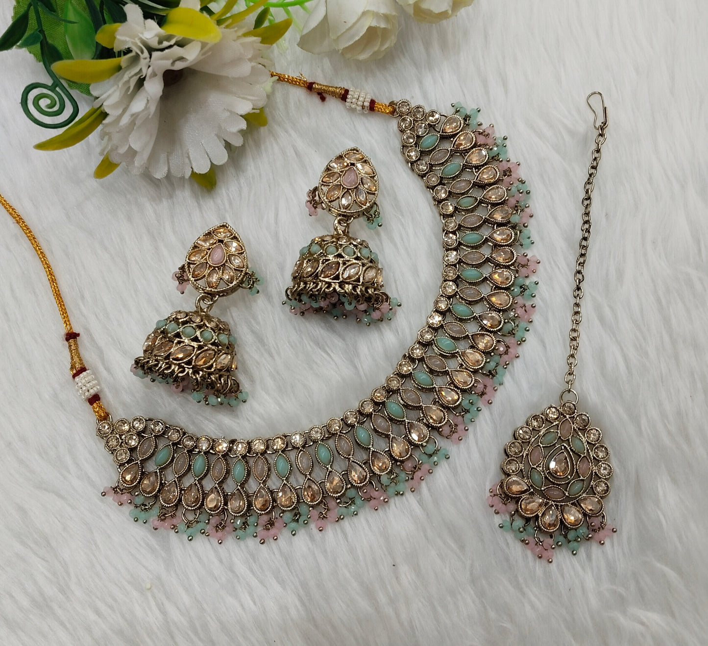 Mint Pink Antique Gold Necklace Indian Jewellery Gora Set