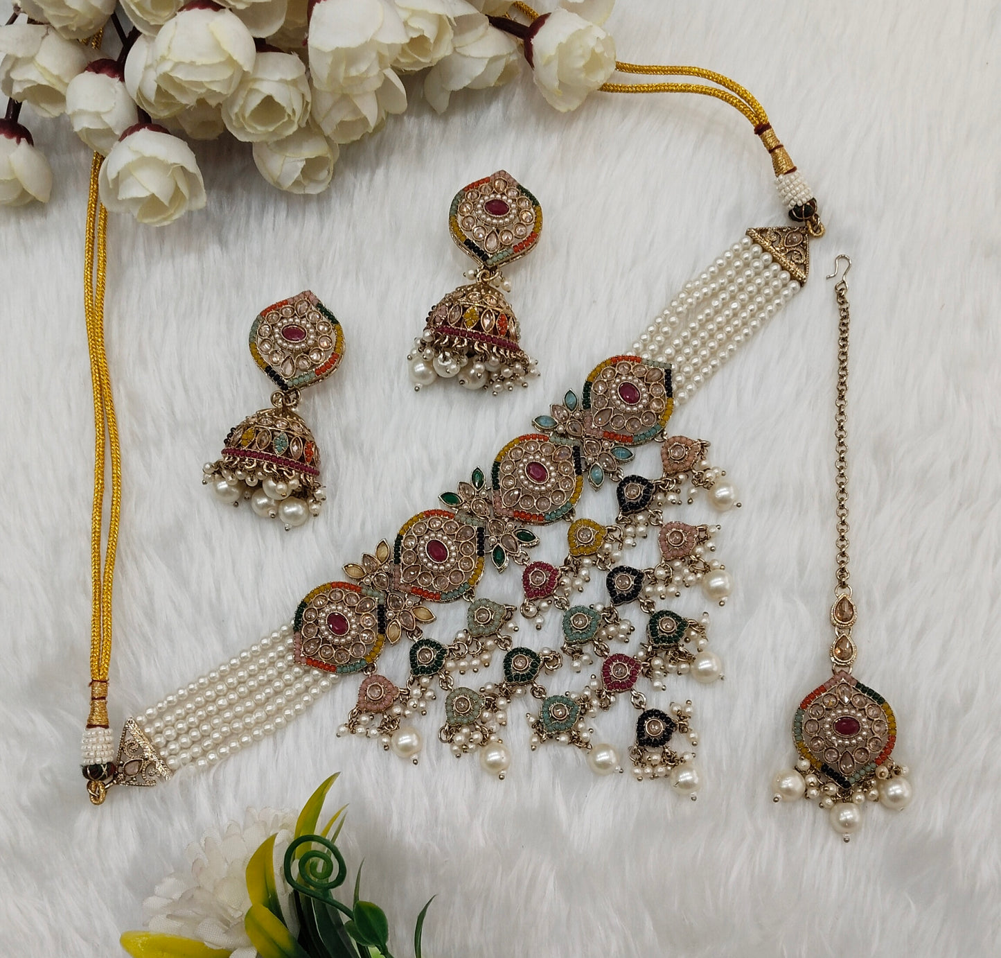 Multi Color Antique Gold Choker Indian Jewellery Pardeep Set