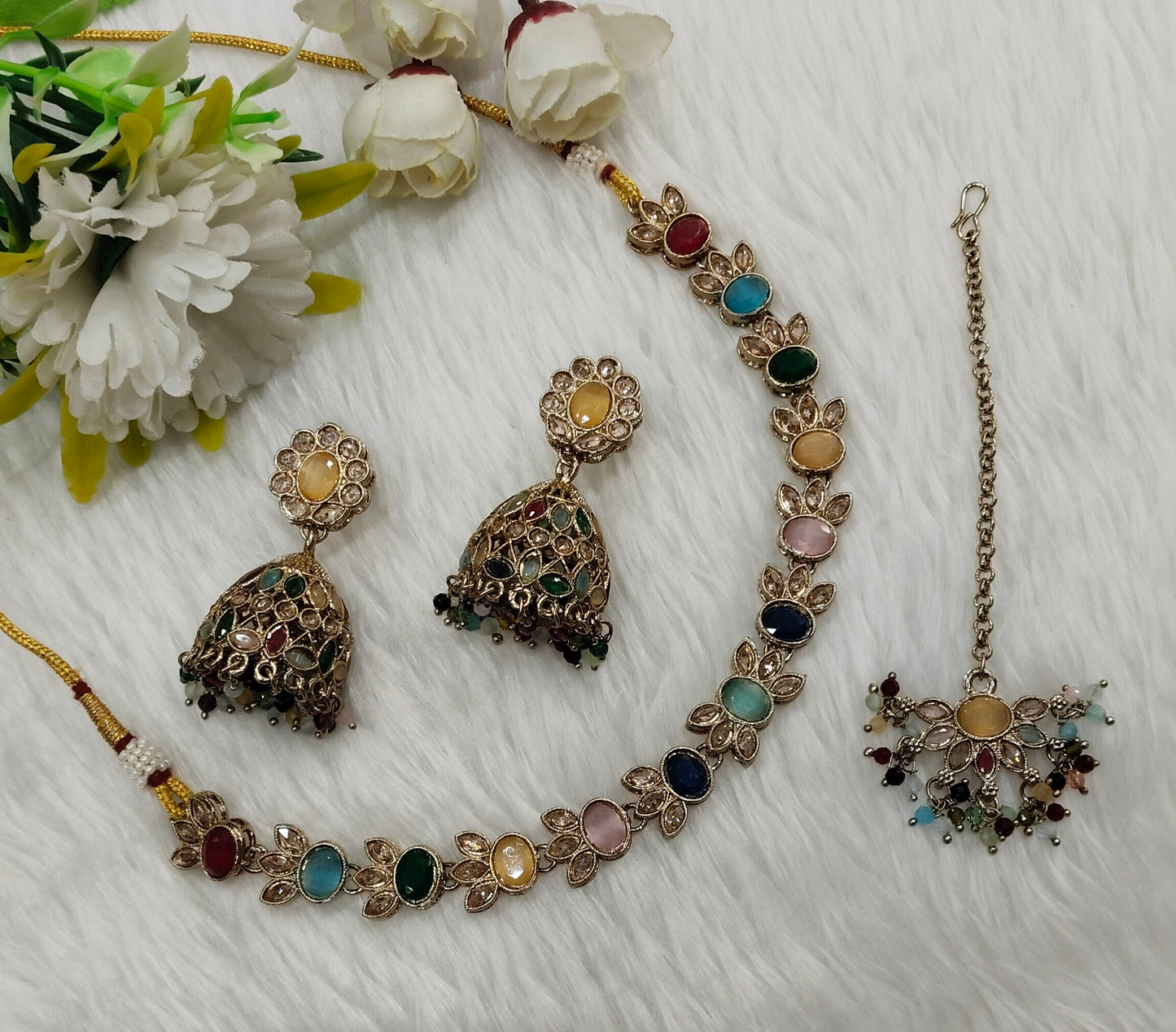 Multi Color Antique Gold Necklace Indian Jewellery Mandeep Set