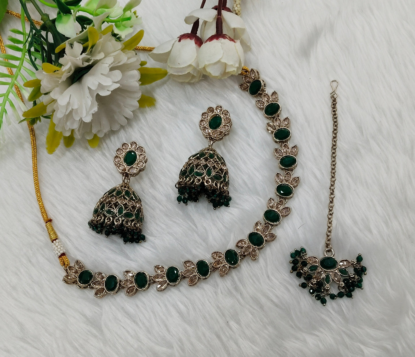 Green Antique Gold Necklace Indian Jewellery Mandeep Set