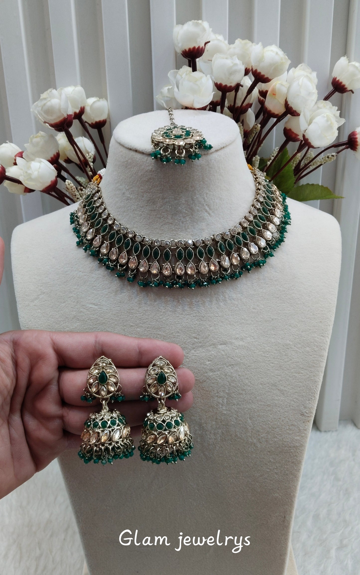 Green Antique Gold Necklace Indian Jewellery Gora Set