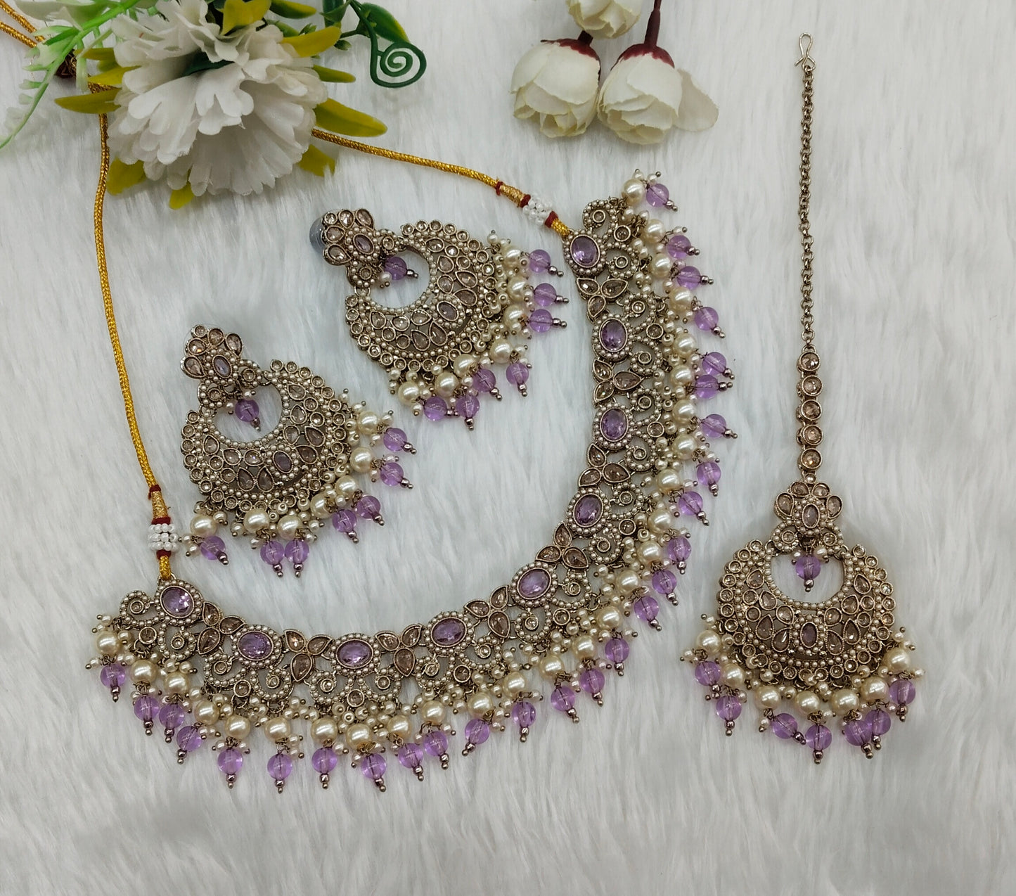 Lavender Antique Gold Necklace Indian Jewellery Mangu Set
