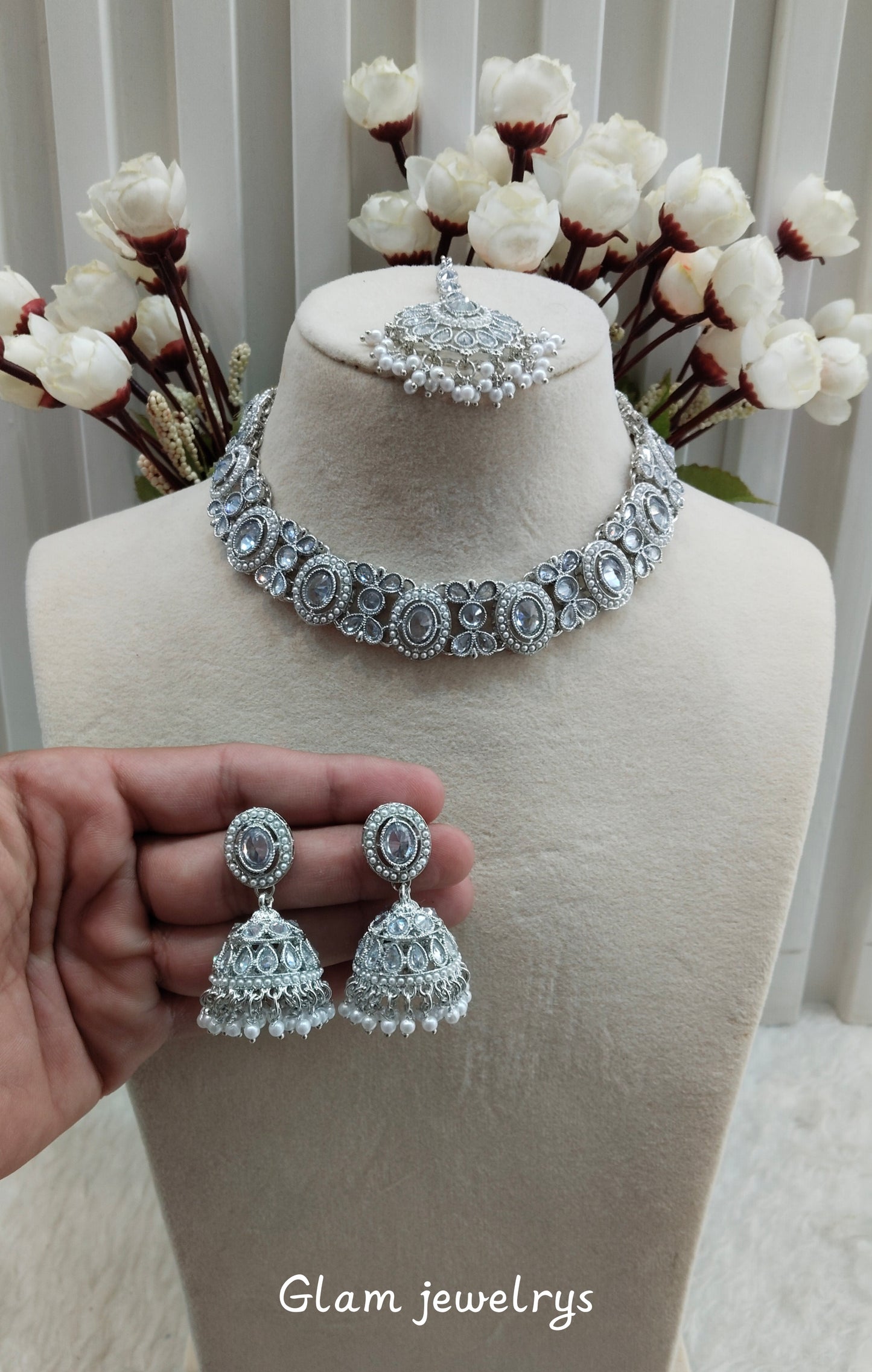 White Silver Necklace Indian Jewellery Mandeep Set