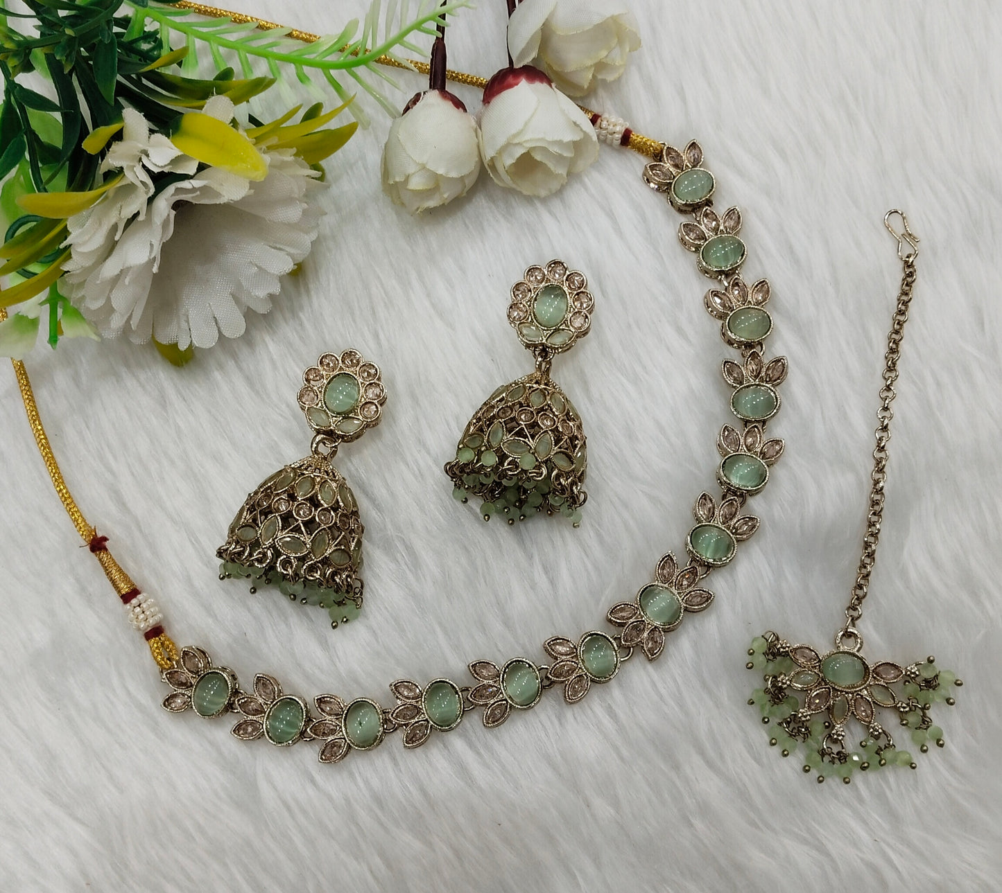 Pastel Green Antique Gold Necklace Indian Jewellery Mandeep Set