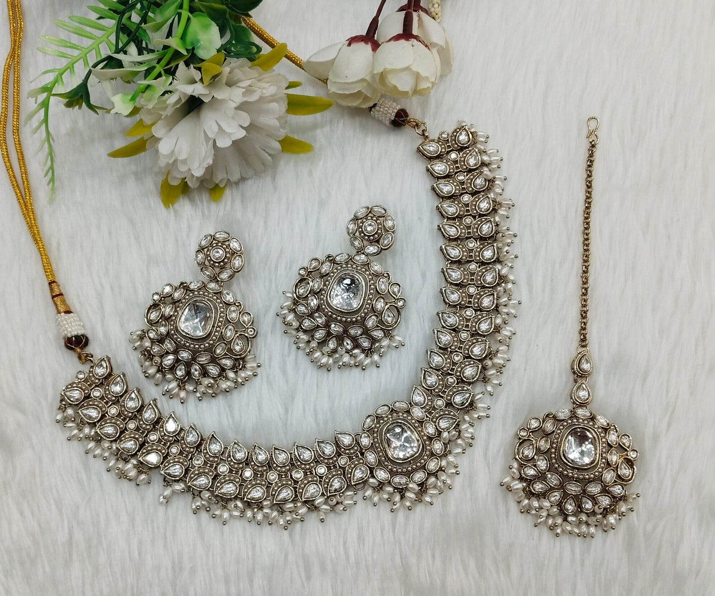 White Antique Gold Necklace Indian Jewellery Pardeep Set