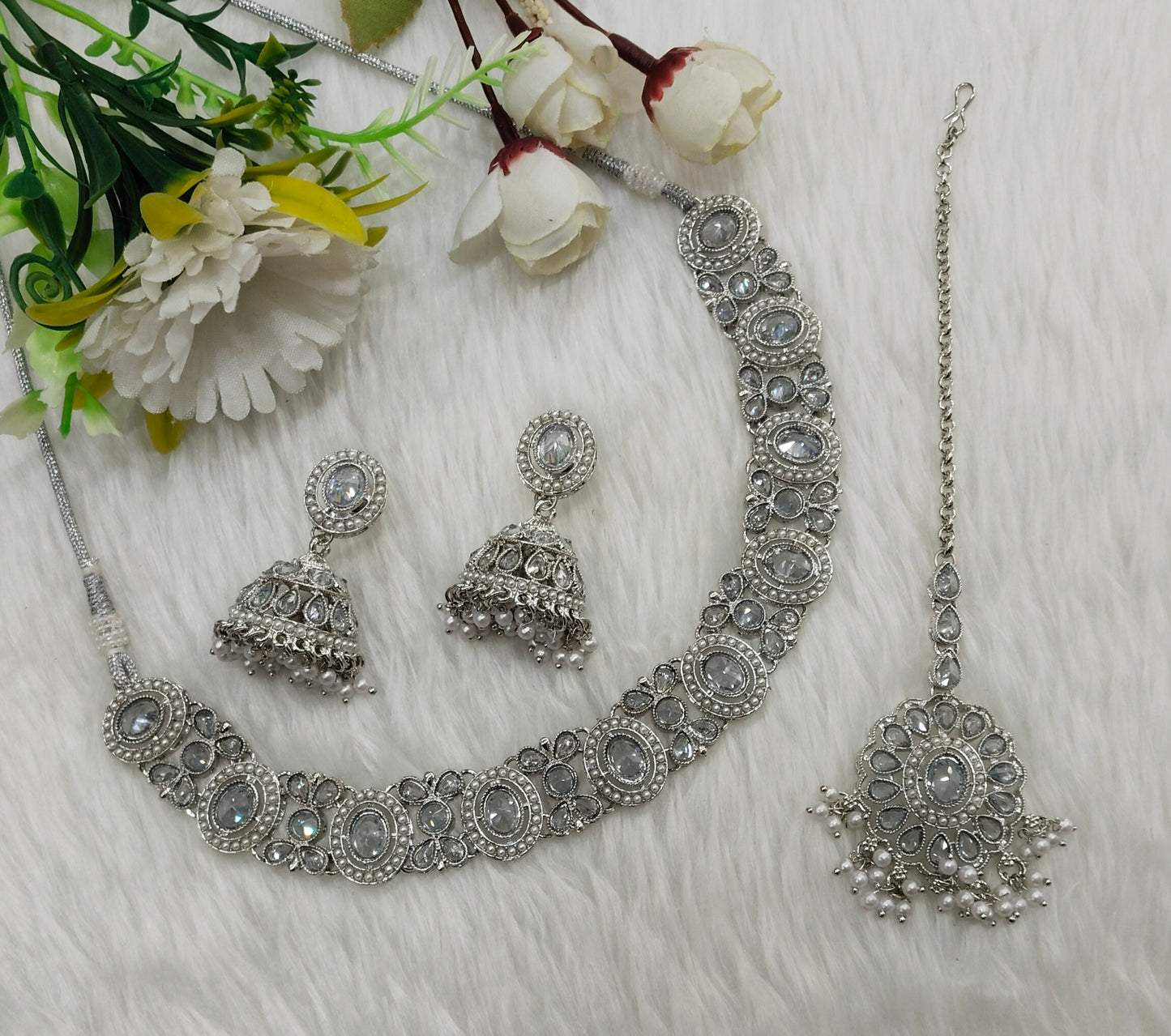 White Silver Necklace Indian Jewellery Mandeep Set