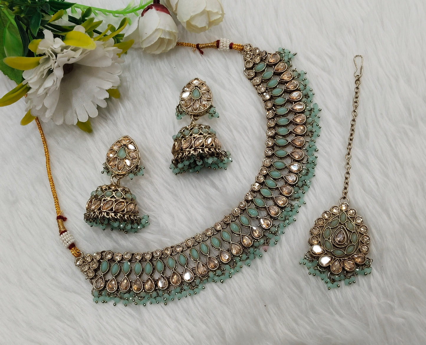 Pastel Green Antique Gold Necklace Indian Jewellery Gora Set